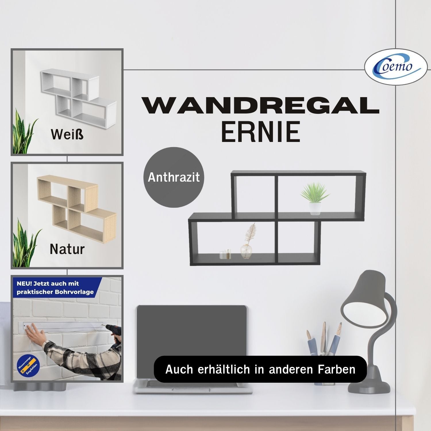 Coemo Wandregal Ernie aus Holz MDF, 4 Fächer vertikal versetzt