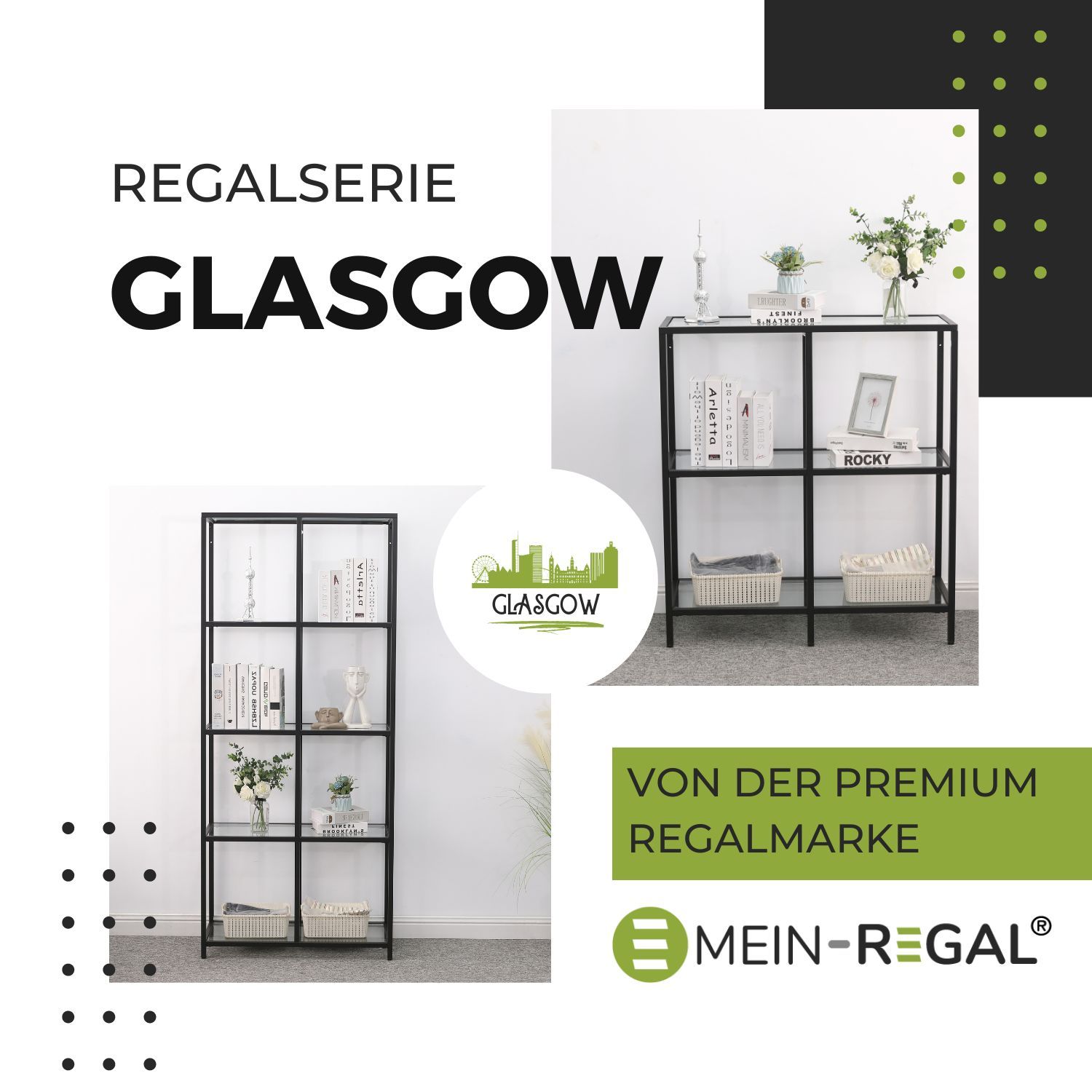 Regalserie Glasgow in Matt Schwarz aus Metall. Zwei Regale sind zu sehen.