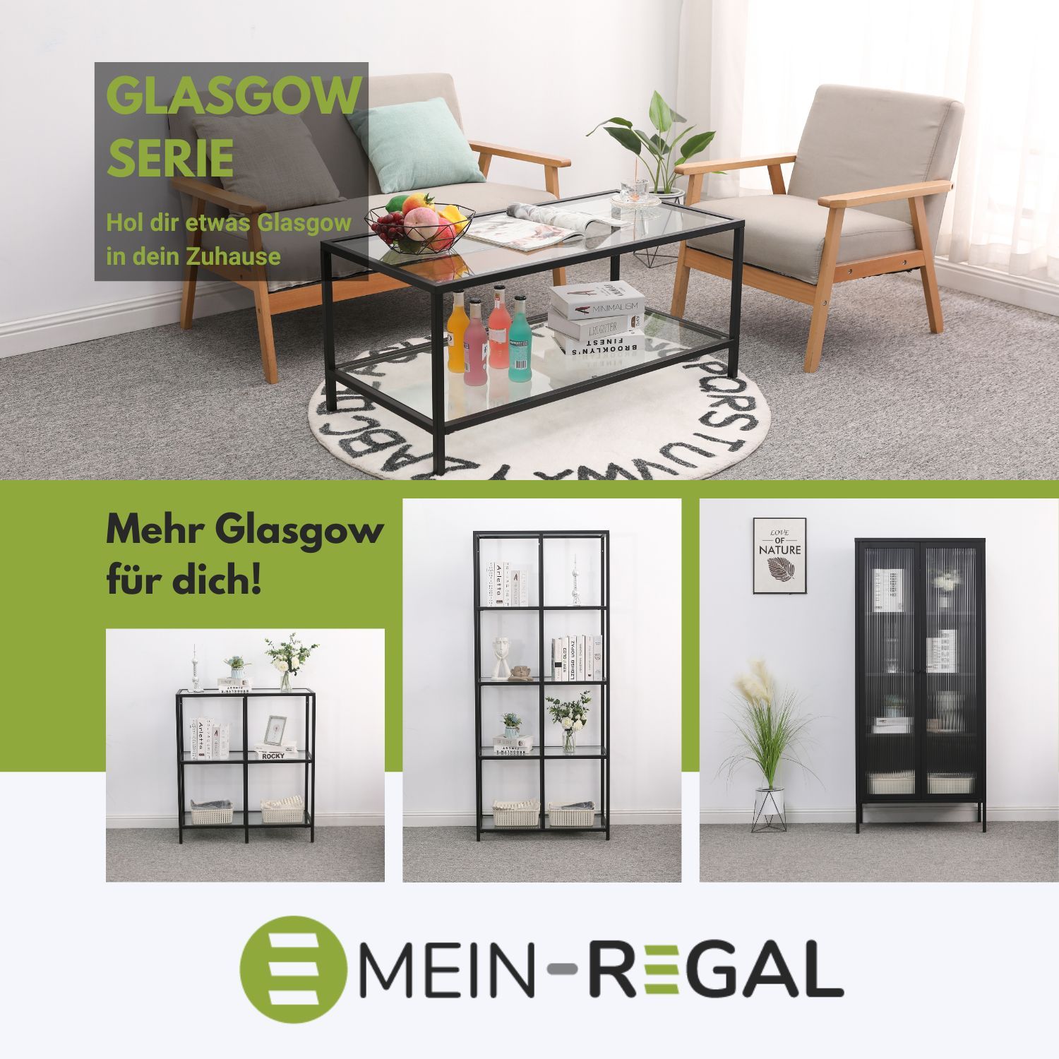 Mein-Regal Regal Glasgow aus Metall mit Glaseinlegeboden und 2 Etagen