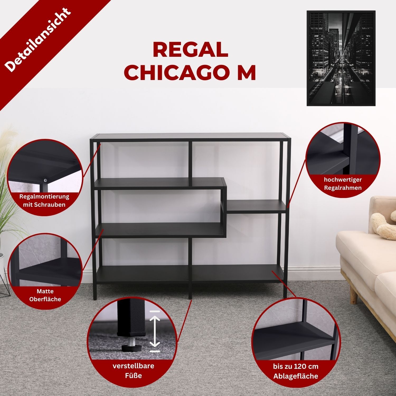 Regal Chicago M Schwarz aus Metall mit runden, gezoomten Detailbildern im Zimmer. Ein Wandbild hängt. Ecke des Sofas ist zu sehen.