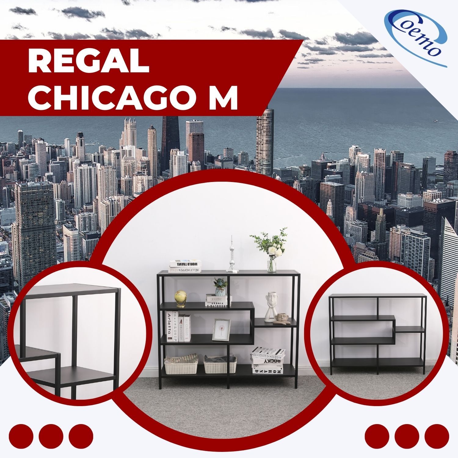 Metallregal Chicago M Schwarz mit Detailansicht des Regals ohne Inhalt. Auf dem Hintergrundbild ist die Stadt Chicago zu sehen.
