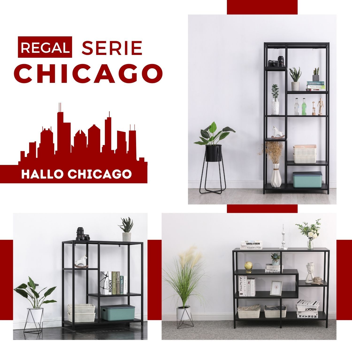 Metallmöbelserie Chicago 3 Regale Schwarz aus Metall mit Dekoartikeln.