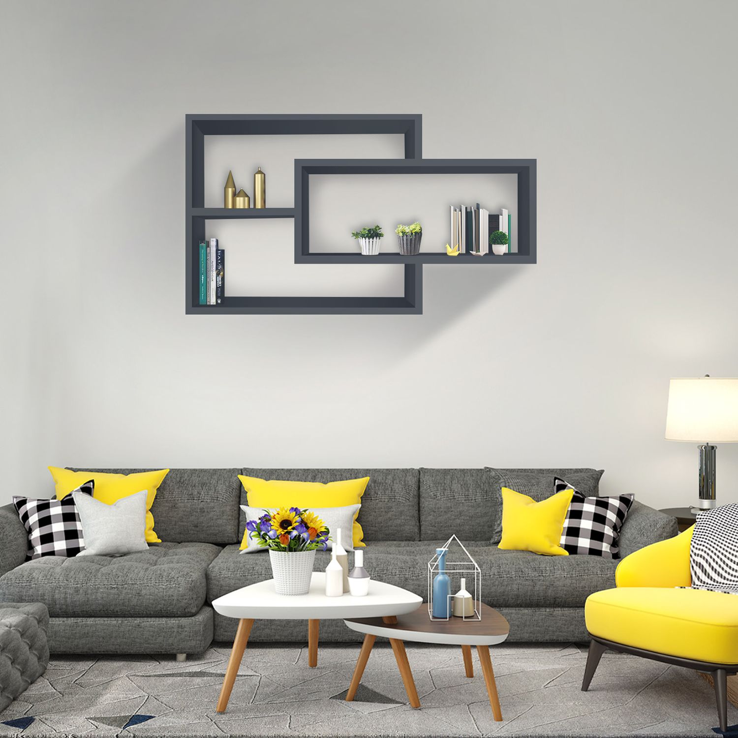 Wandregal Karo in der Farbe Anthrazit im Wohnzimmer