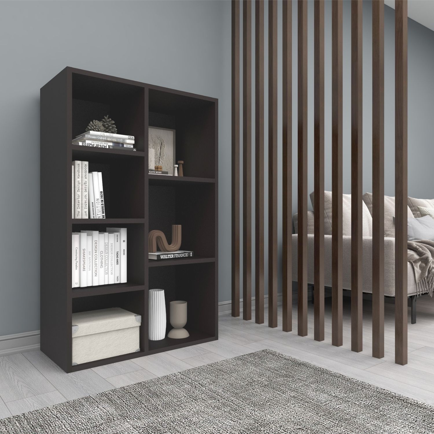 Bücherregal Twin in der Farbe Anthrazit im Wohnzimmer mit Teppich