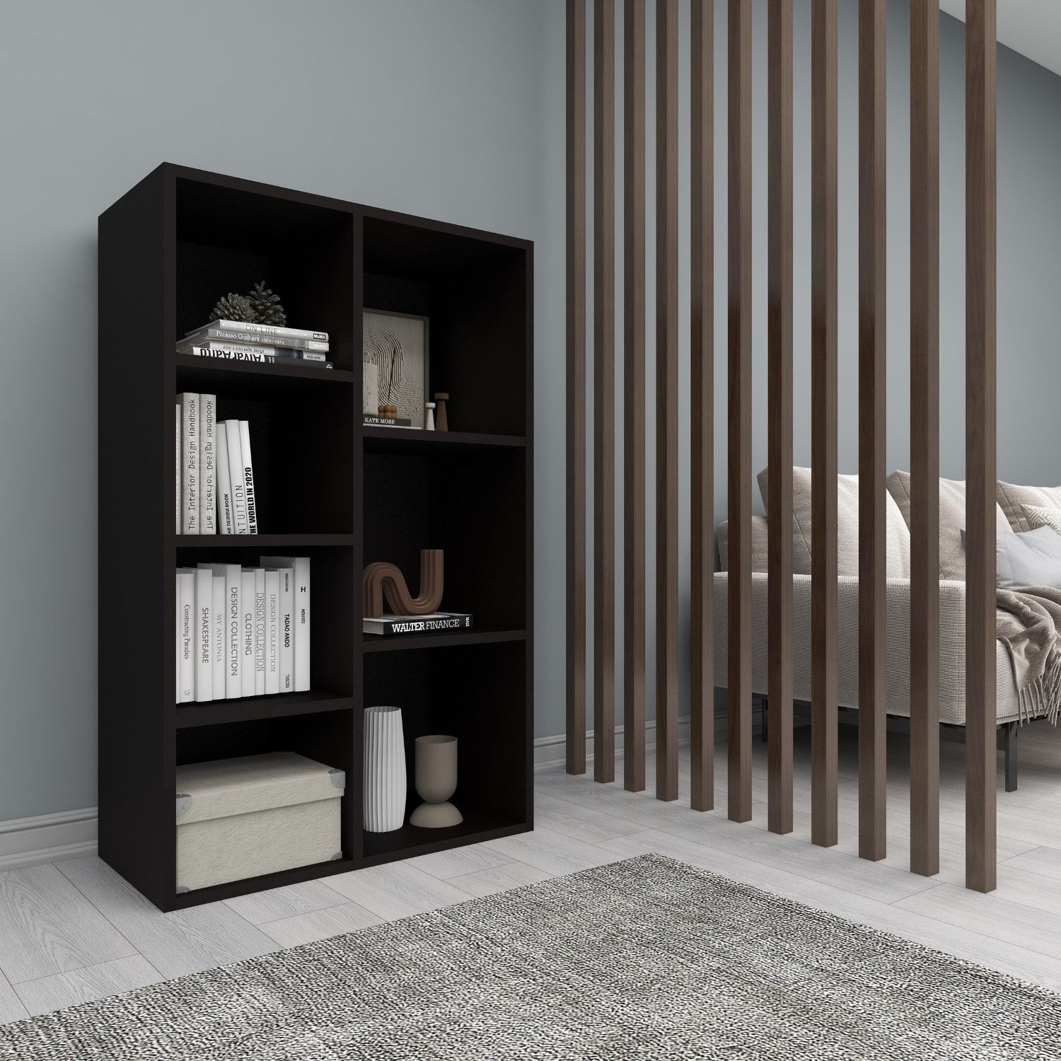 Bücherregal Twin in der Farbe Schwarz im Wohnzimmer mit Teppich