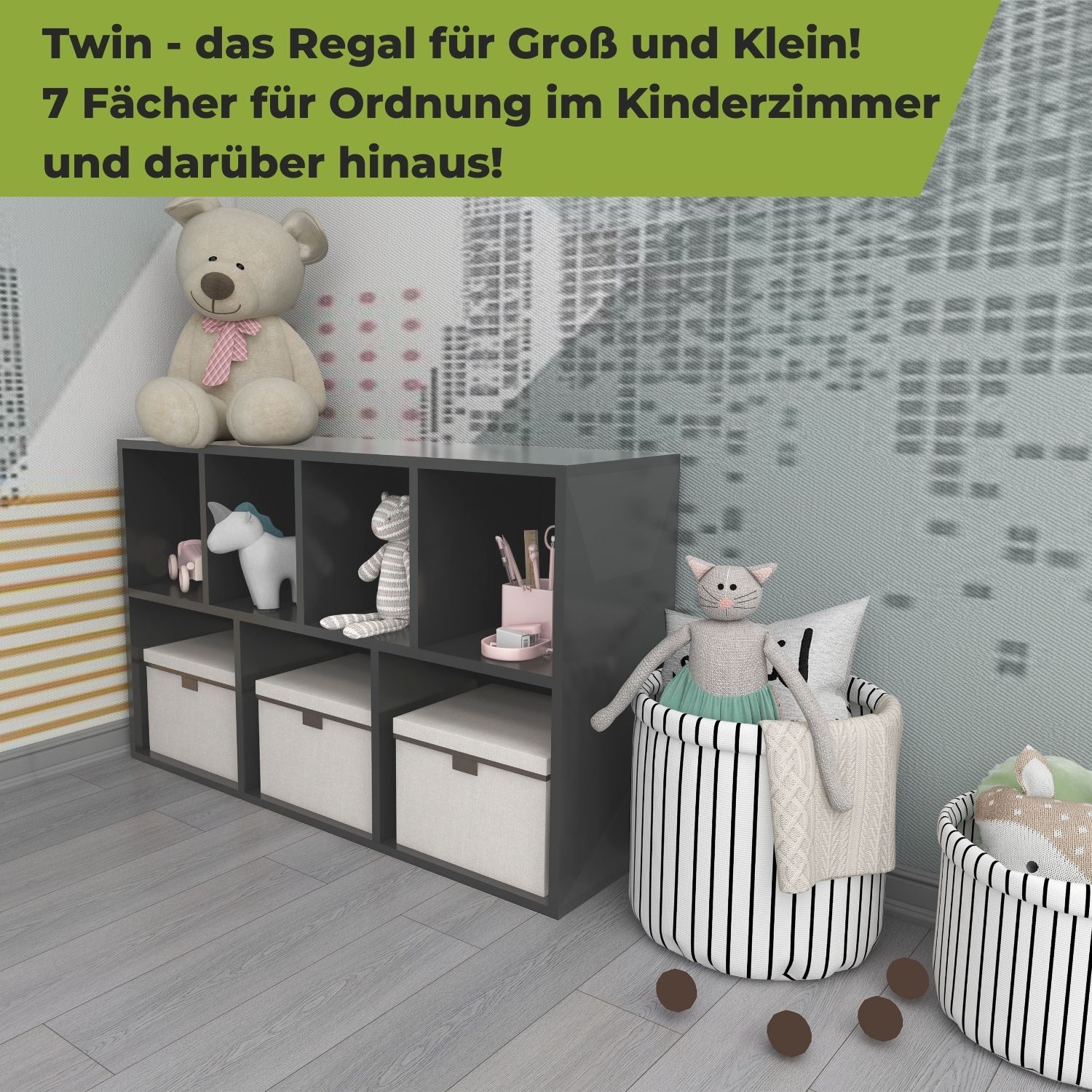 Bücherregal Twin in der Farbe Anthrazit im Kinderzimmer