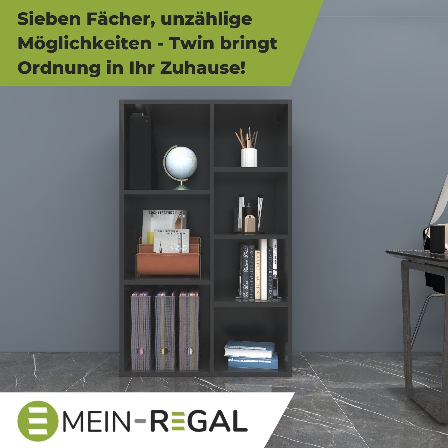 Bücherregal Twin in der Farbe Anthrazit an grauer Wand