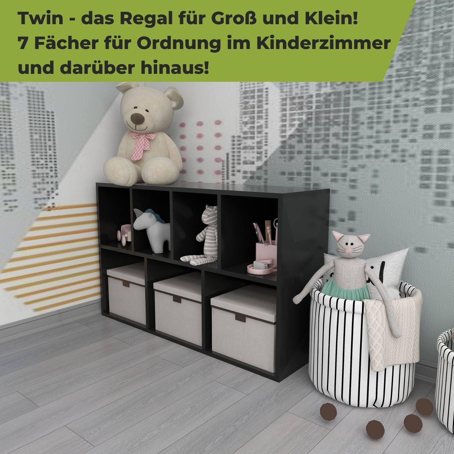 Bücherregal Twin in der Farbe Schwarz im Kinderzimmer