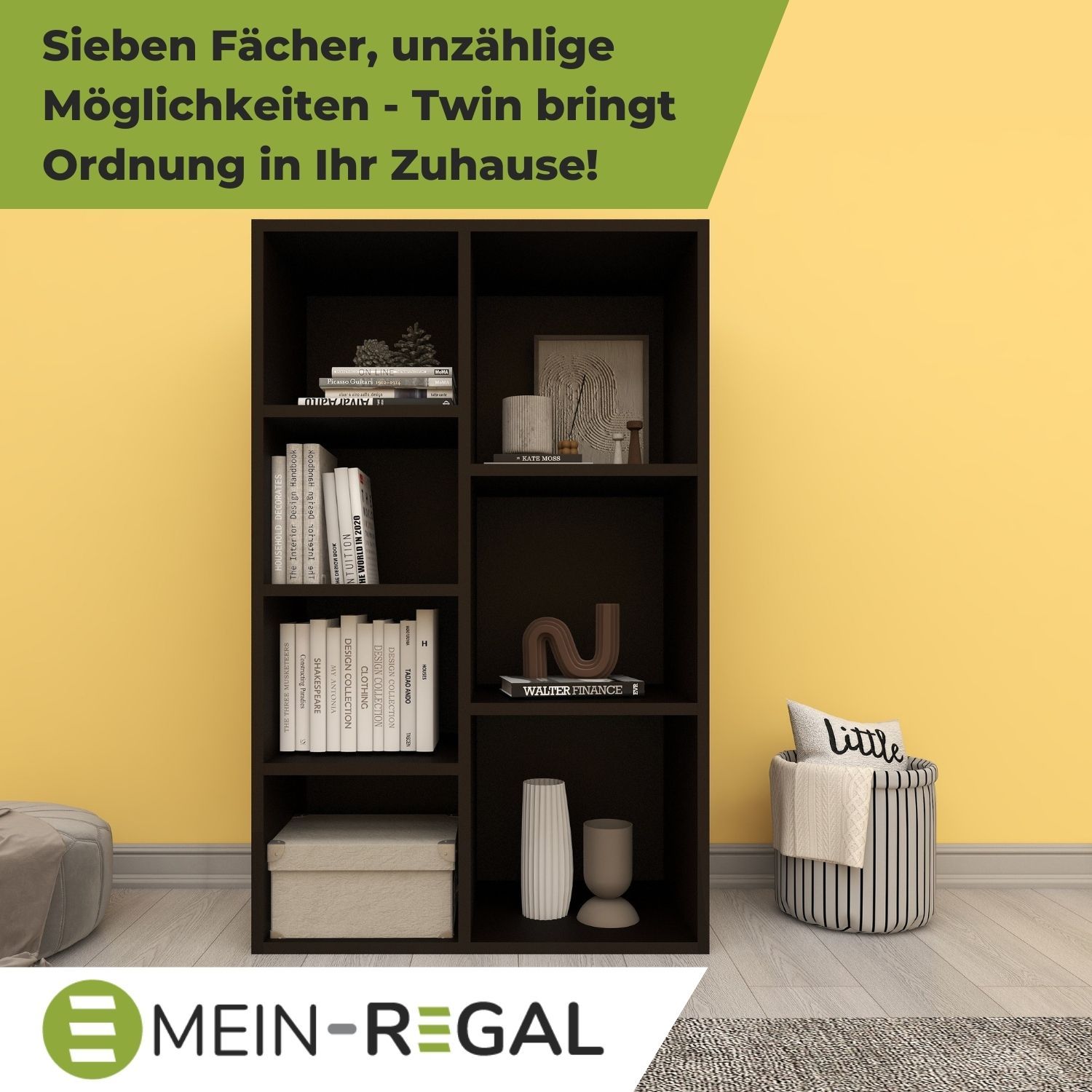 Bücherregal Twin in der Farbe Schwarz an gelber Wand