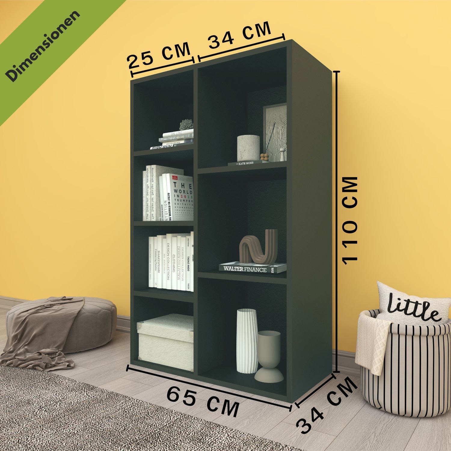 Bücherregal Twin in der Farbe Anthrazit mit Maßangaben