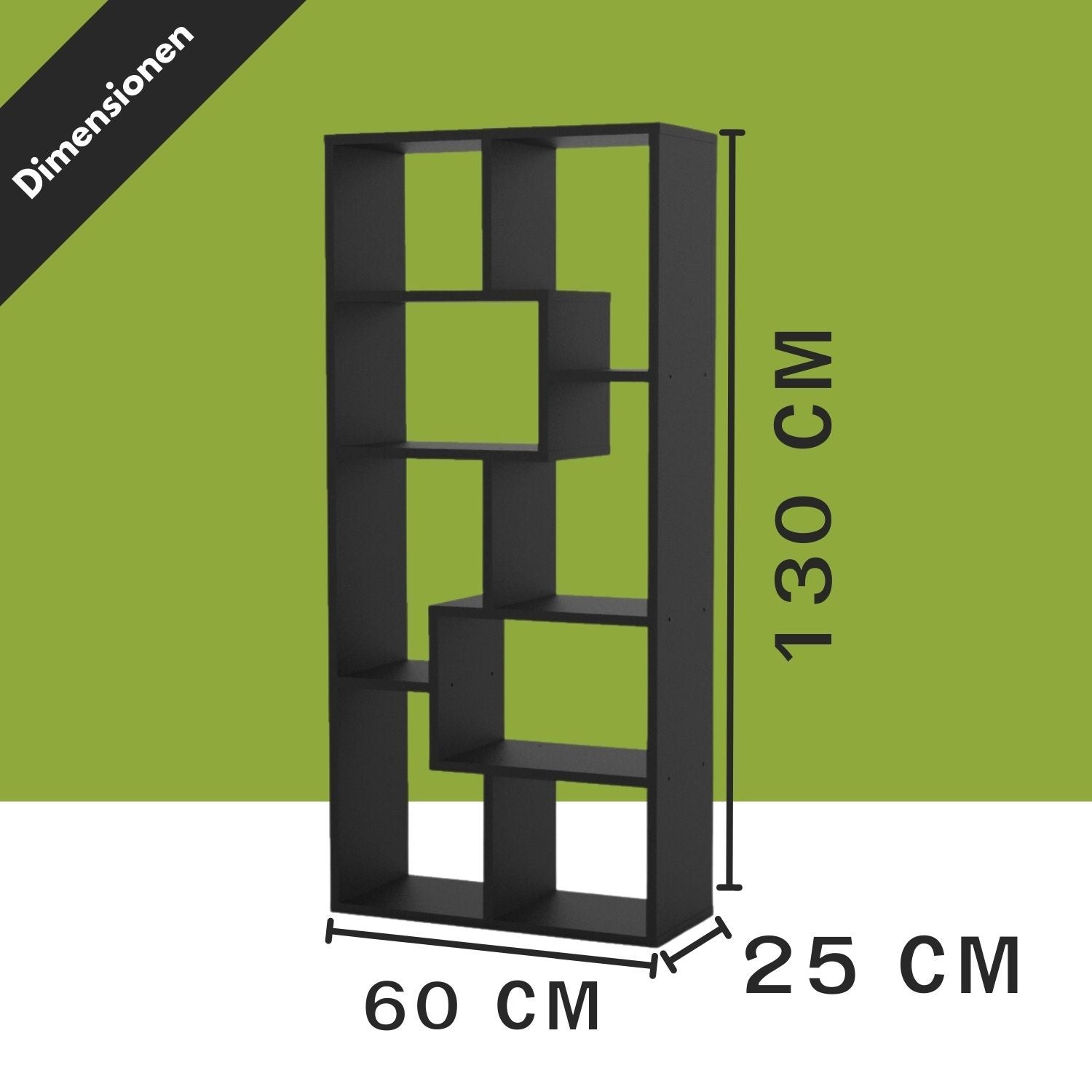 Bücherregal Sigma in der Farbe Schwarz mit Maßangaben