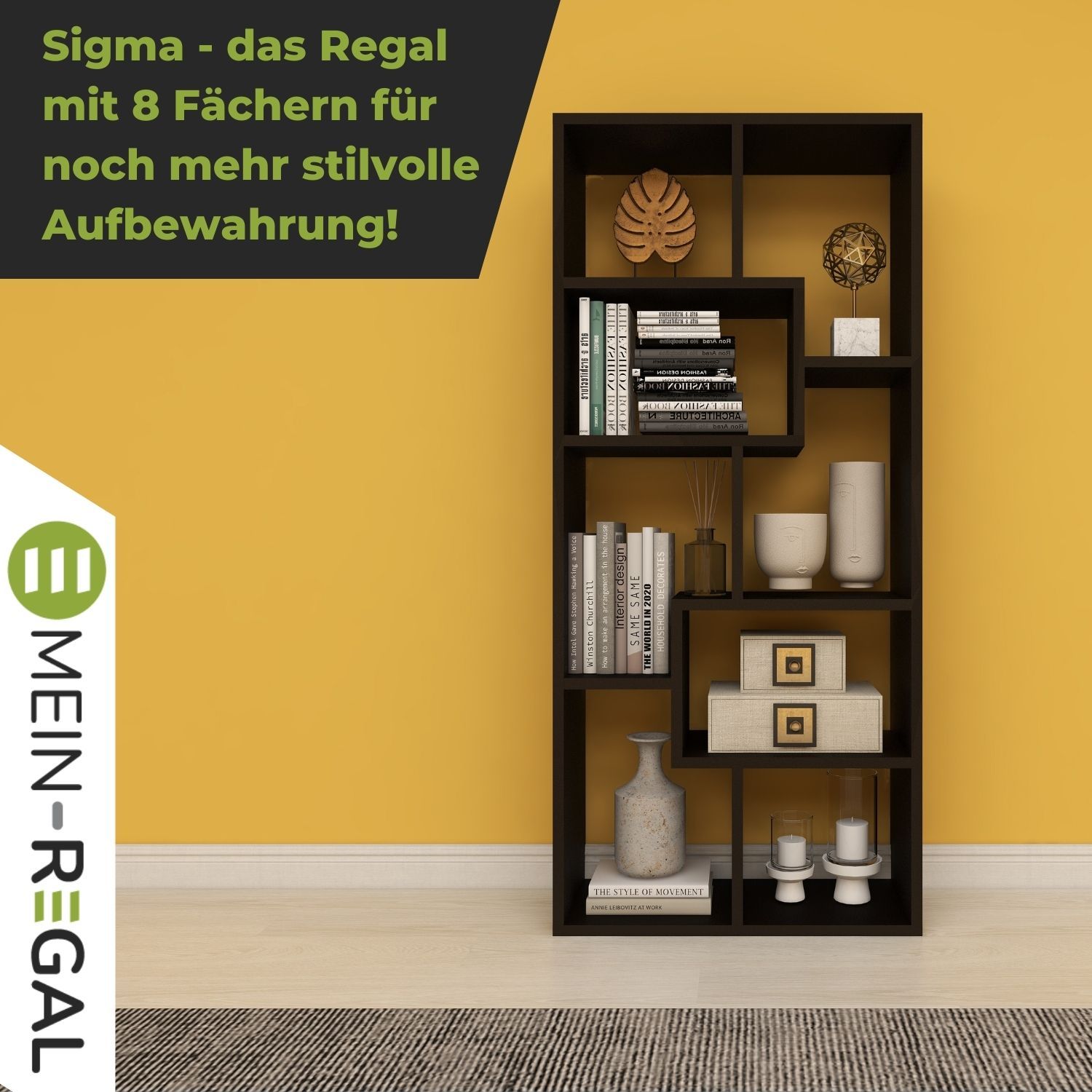 Bücherregal Sigma in der Farbe Schwarz an gelber Wand