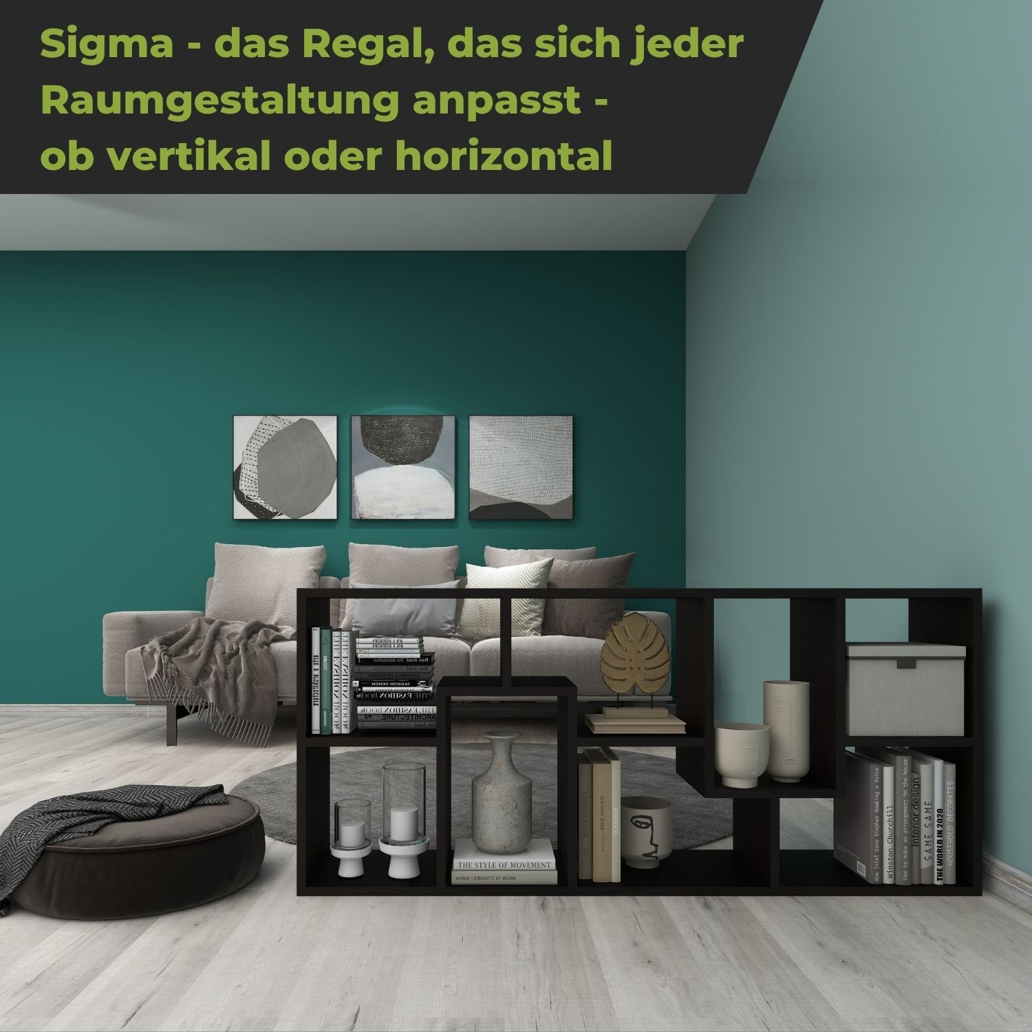 Bücherregal Sigma in der Farbe Schwarz als Raumteiler