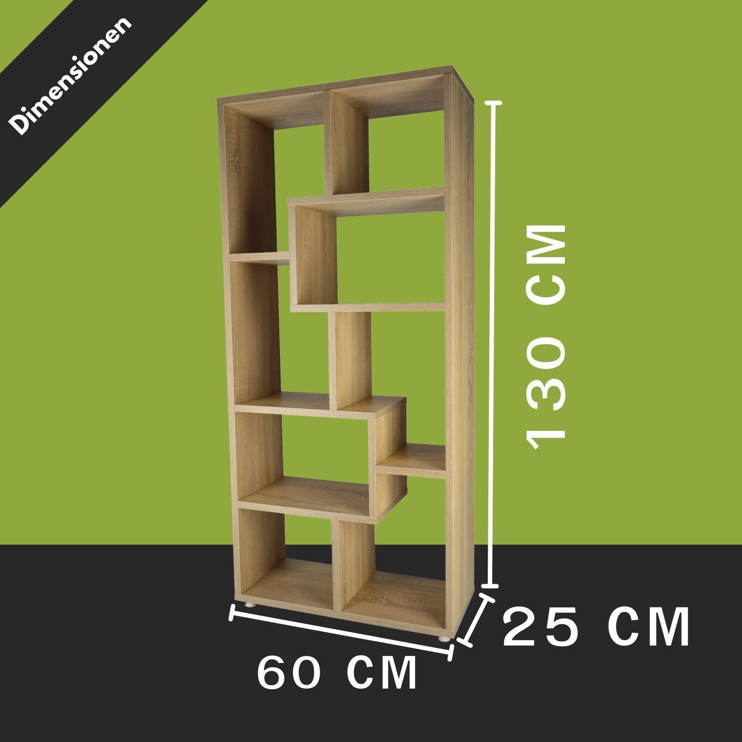 Bücherregal Sigma in der Farbe Natur mit Maßangaben