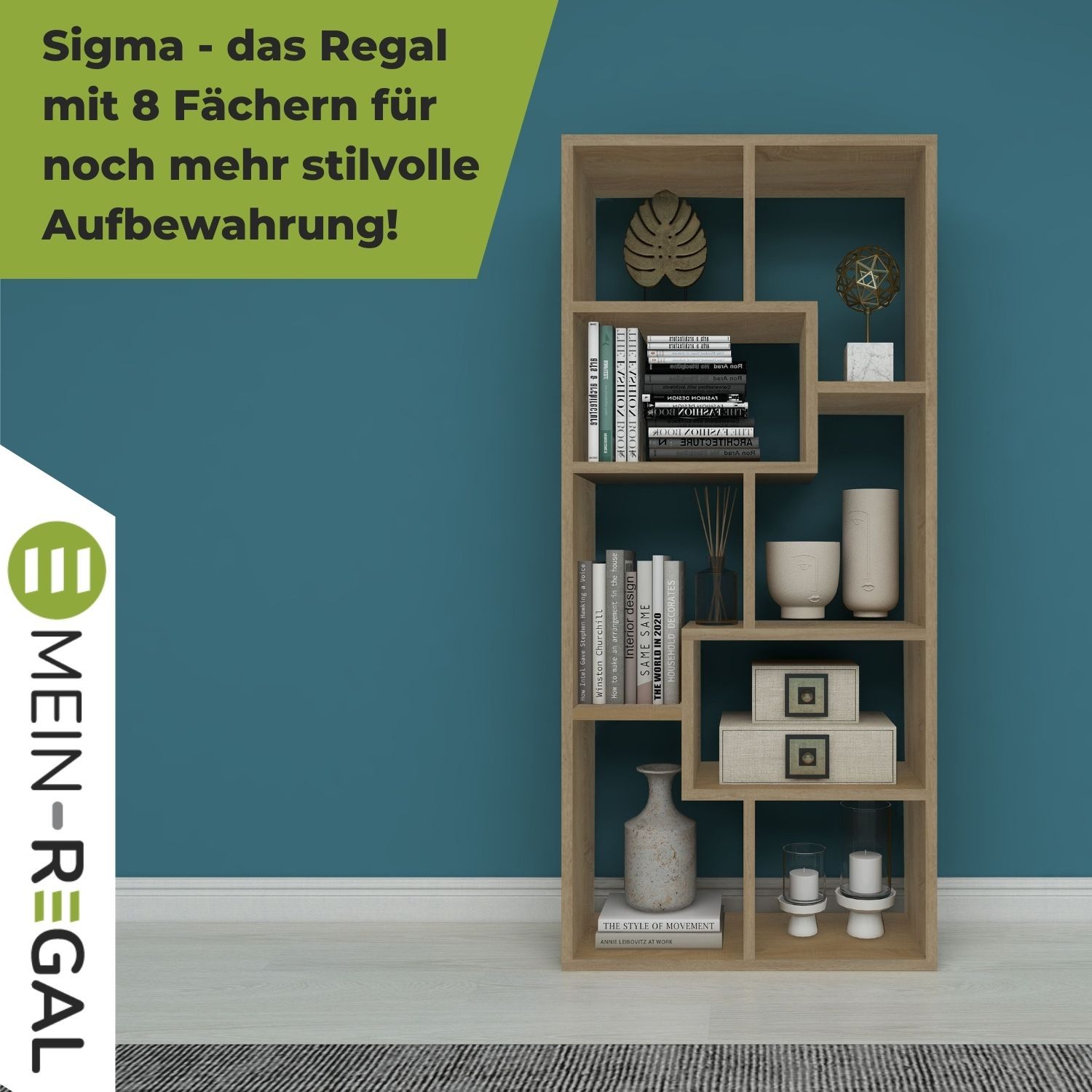 Bücherregal Sigma in der Farbe Natur an blauer Wand