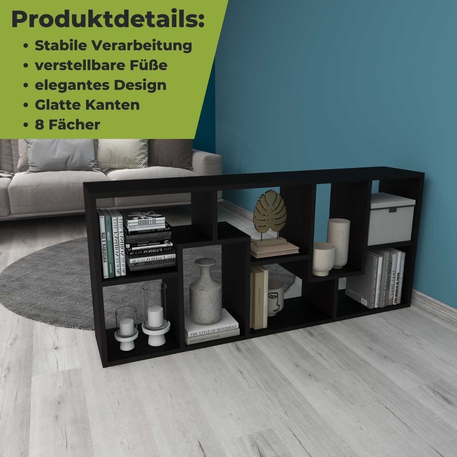 Bücherregal Sigma in der Farbe Schwarz mit Produktdetails