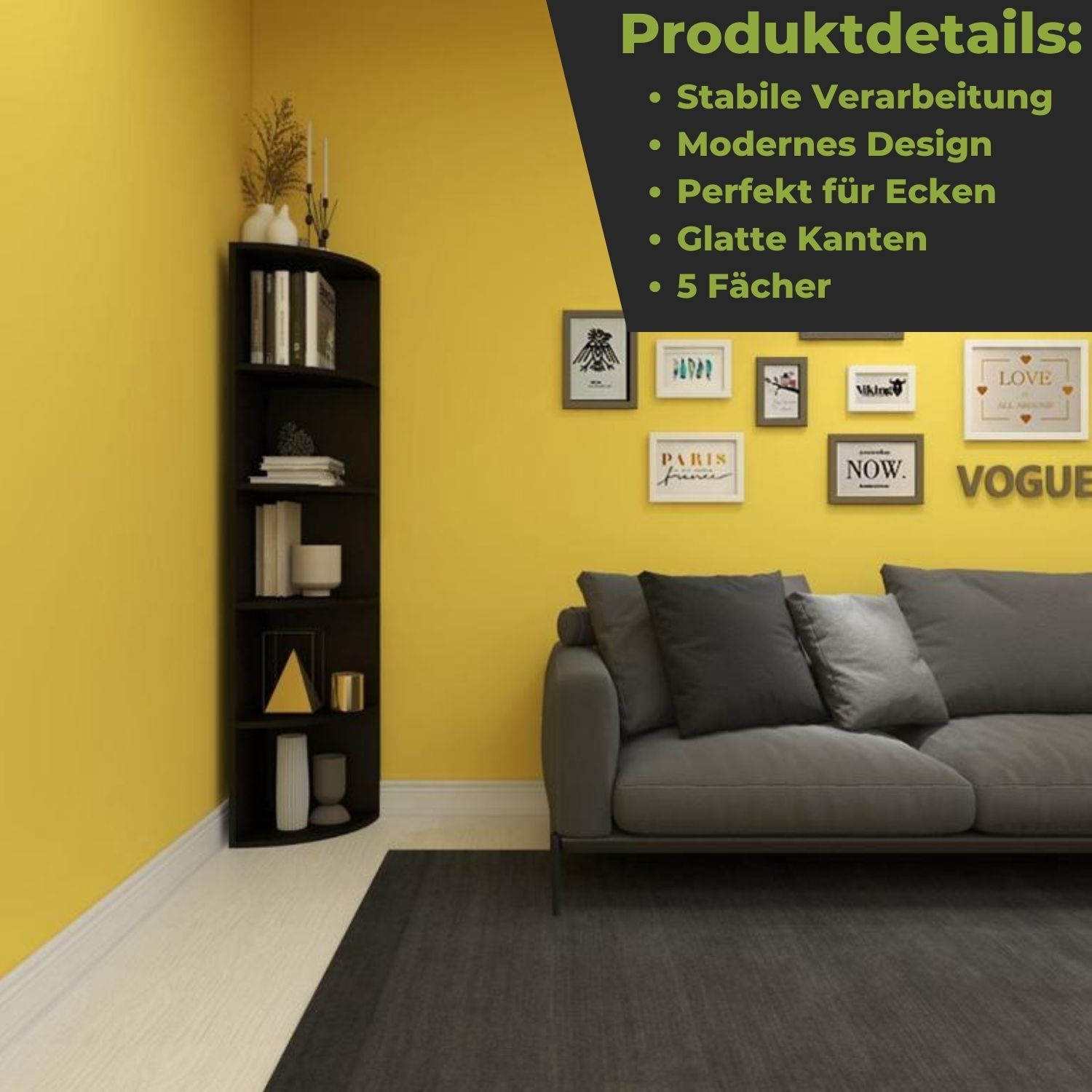 Ein schwarzes Eckregal steht im Wohnzimmer in einer Ecke