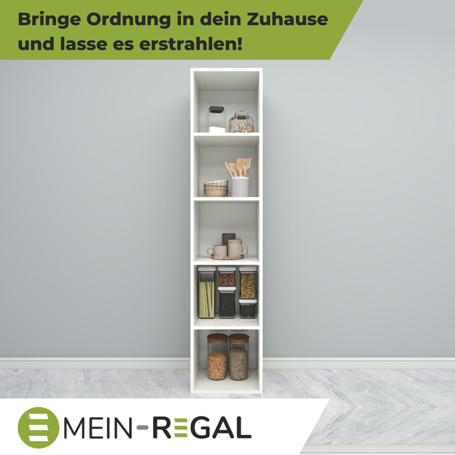 Standregal Alpha 185 in der Farbe Weiß mit Küchenutensilien