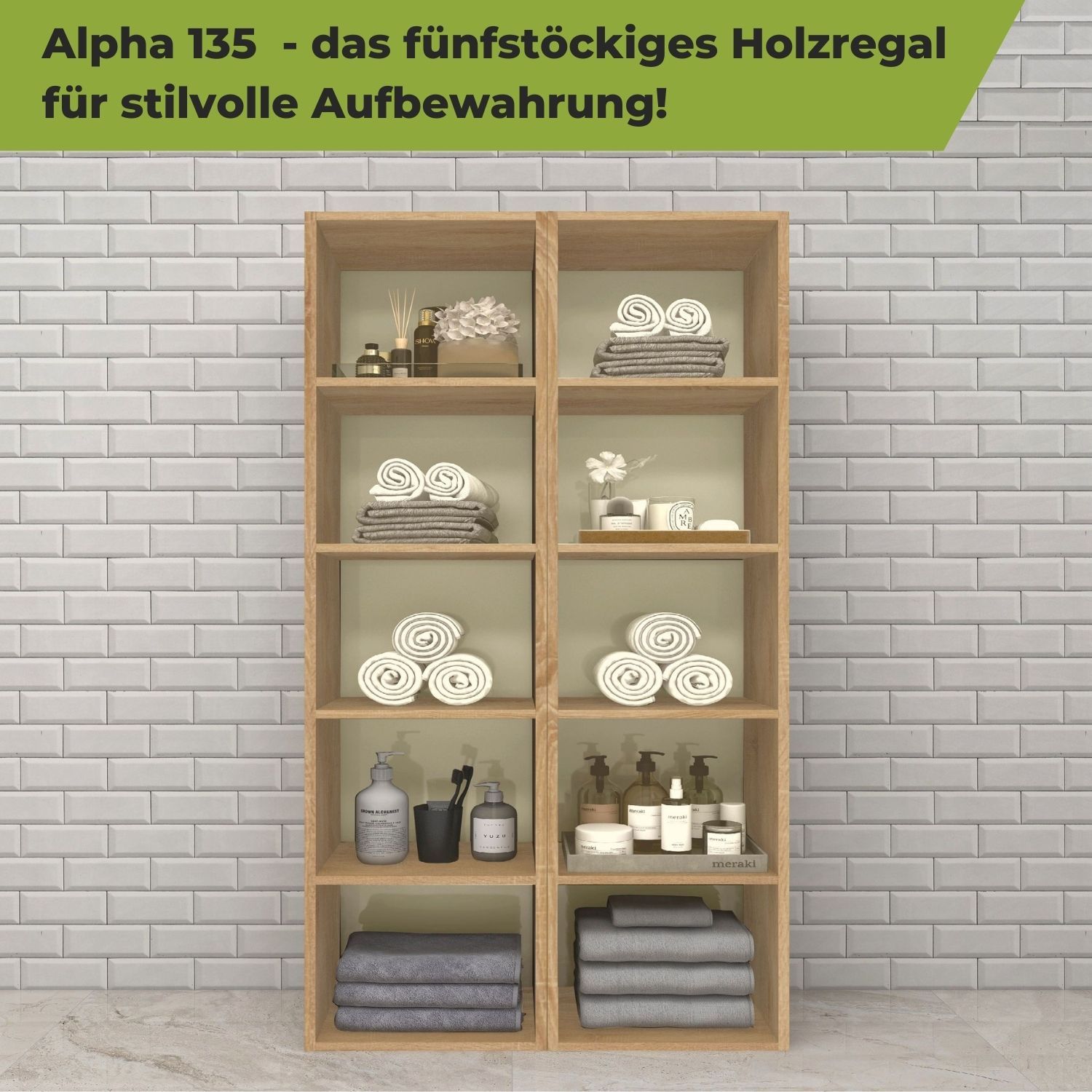 Standregal Alpha 135 in der Farbe Natur an weißer Fliesenwand