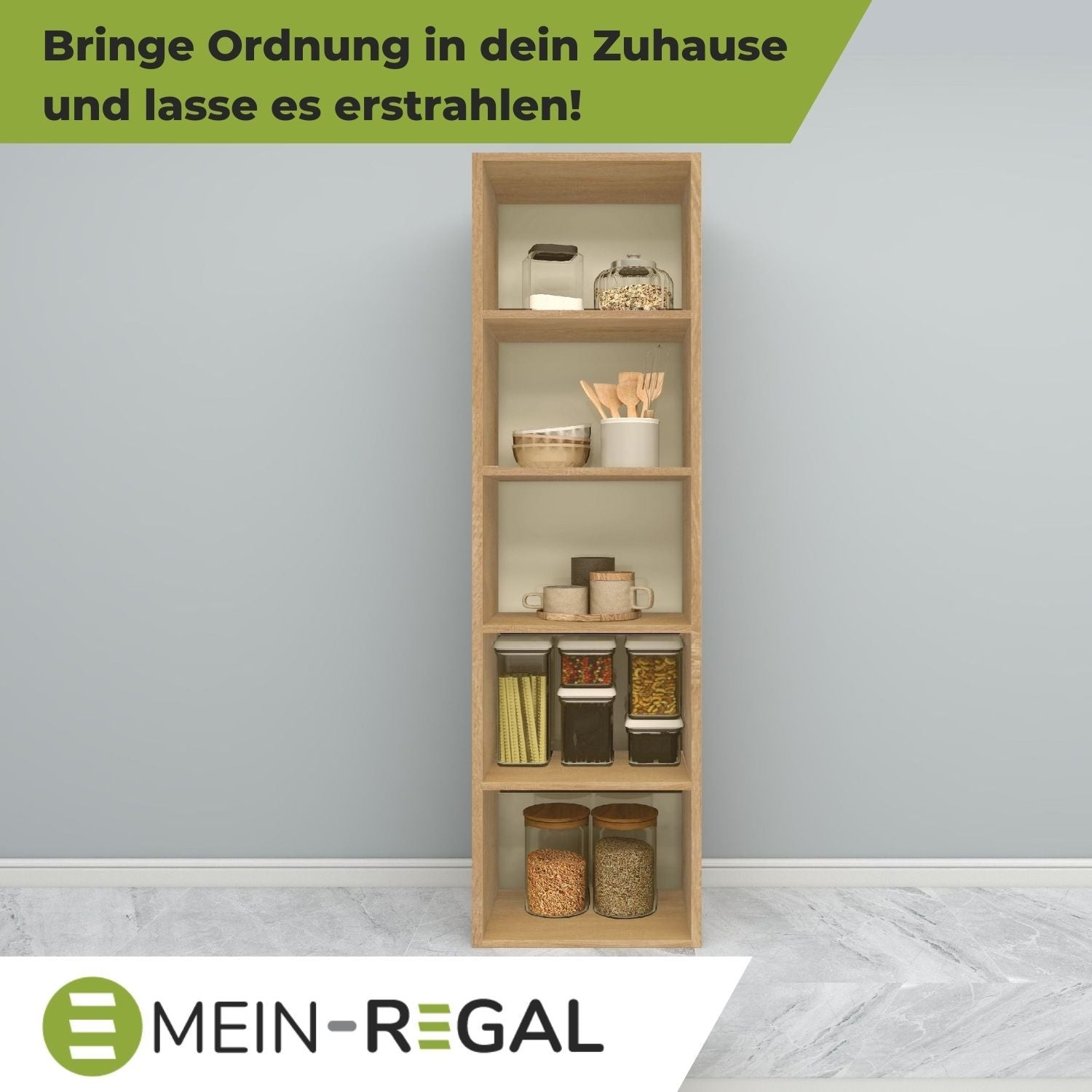 Standregal Alpha 135 in der Farbe Natur an grauer Wand