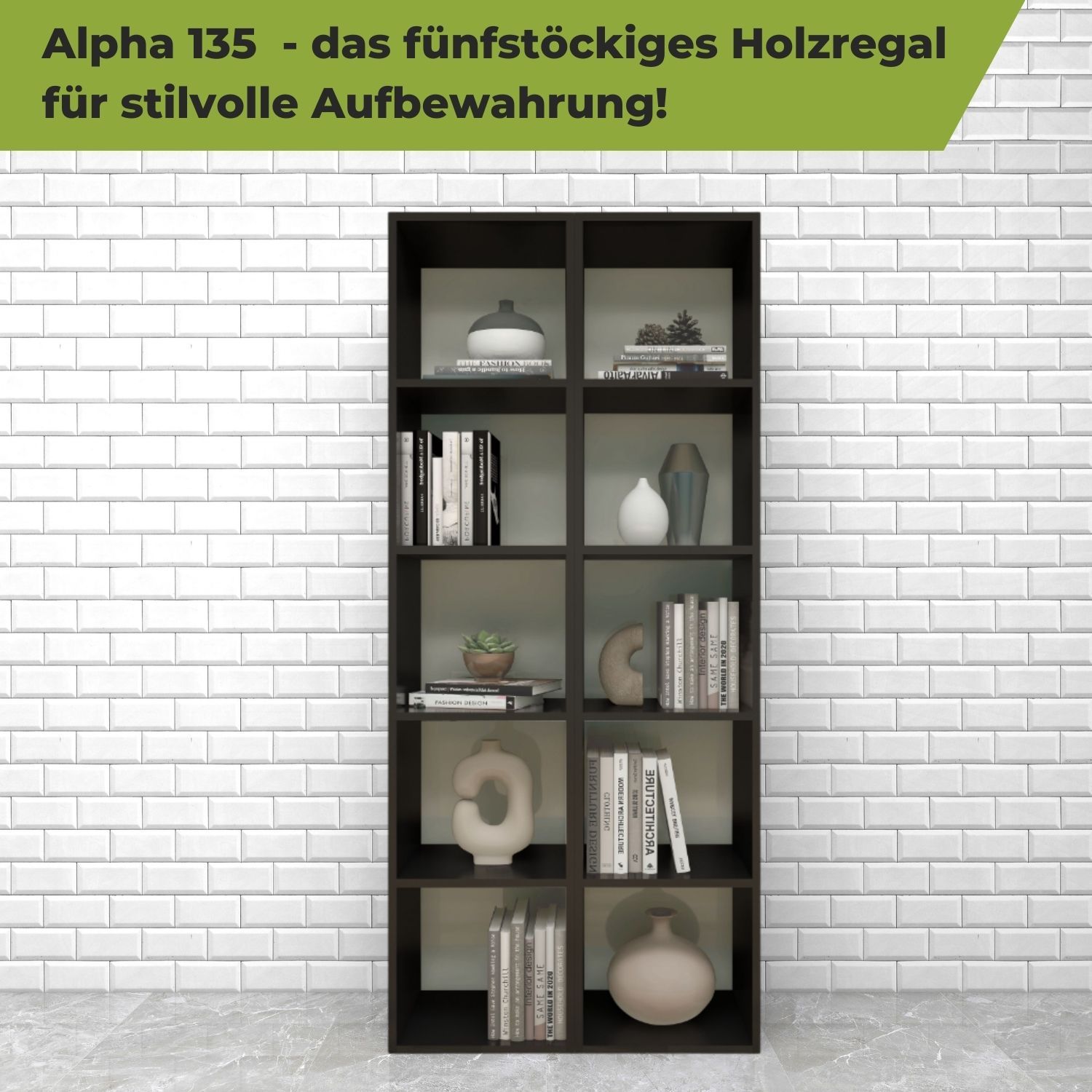 Standregal Alpha 135 in der Farbe Schwarz an weißer Fliesenwand