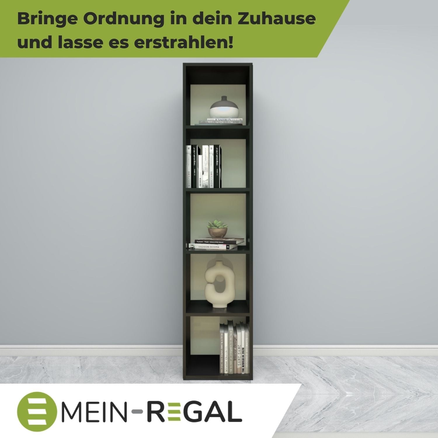 Standregal Alpha 135 in der Farbe Schwarz an grauer Wand