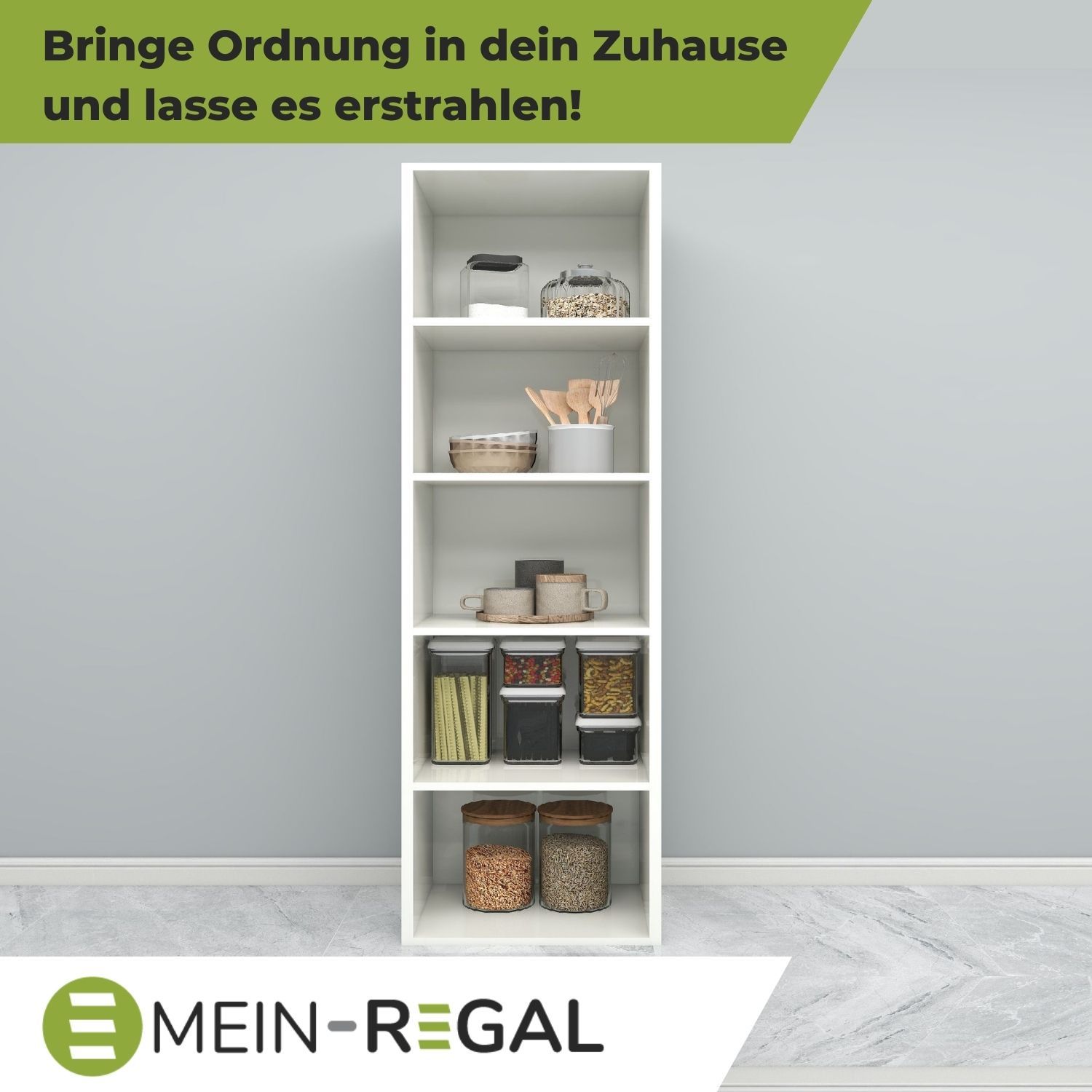 Standregal Alpha 135 in der Farbe Weiß an grauer Wand