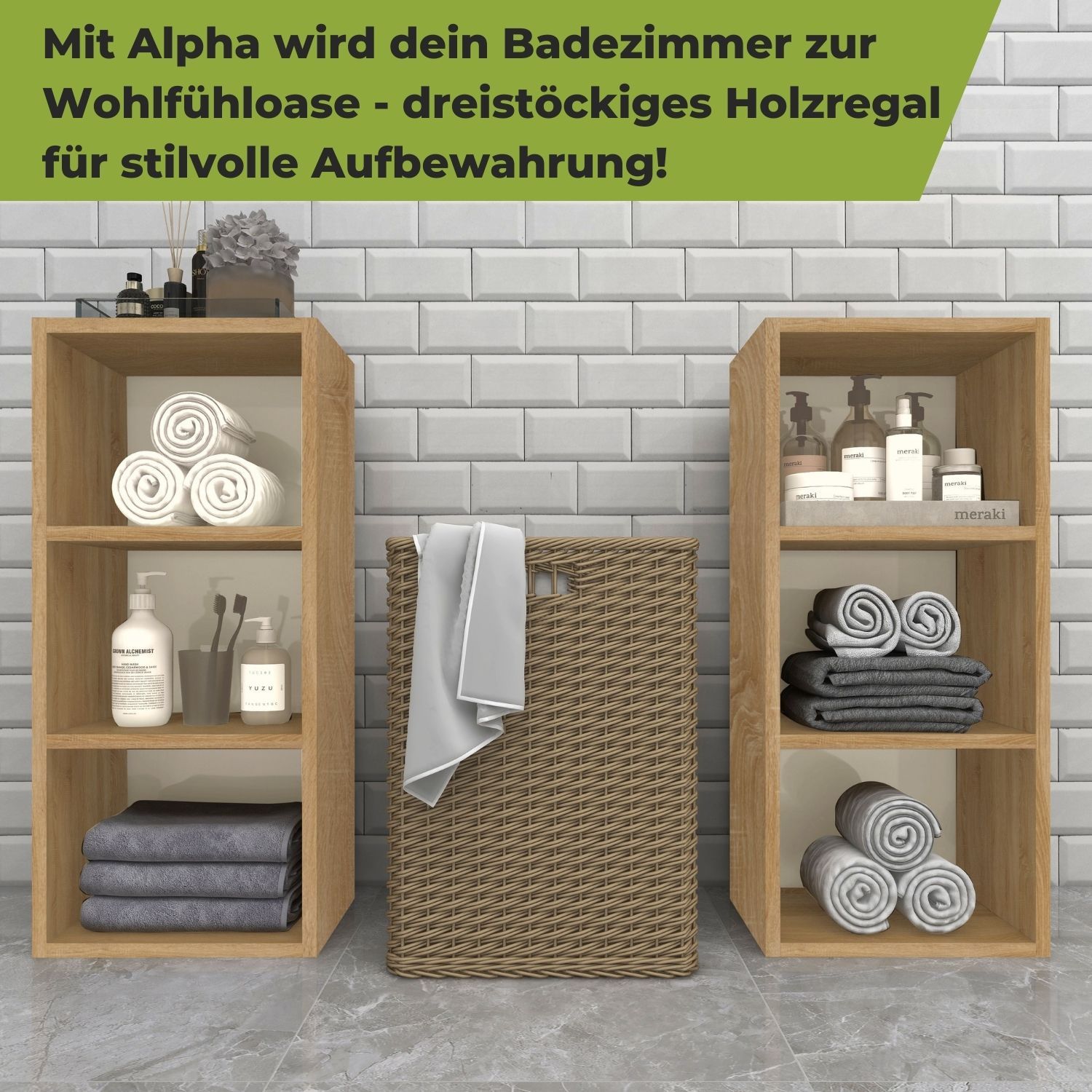 Standregal Alpha 80 in der Farbe Natur im Badezimmer