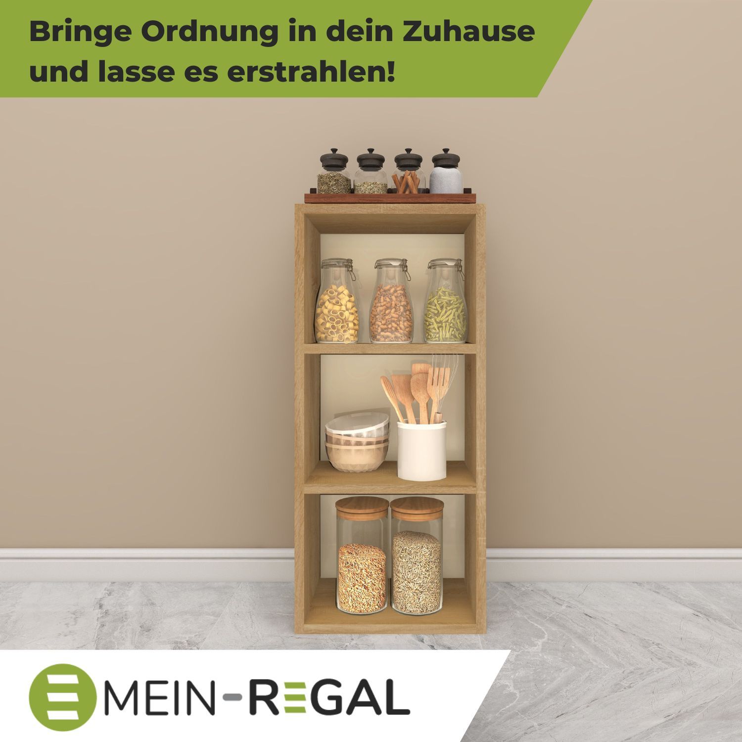 Standregal Alpha 80 in der Farbe Natur mit Küchenutensilien