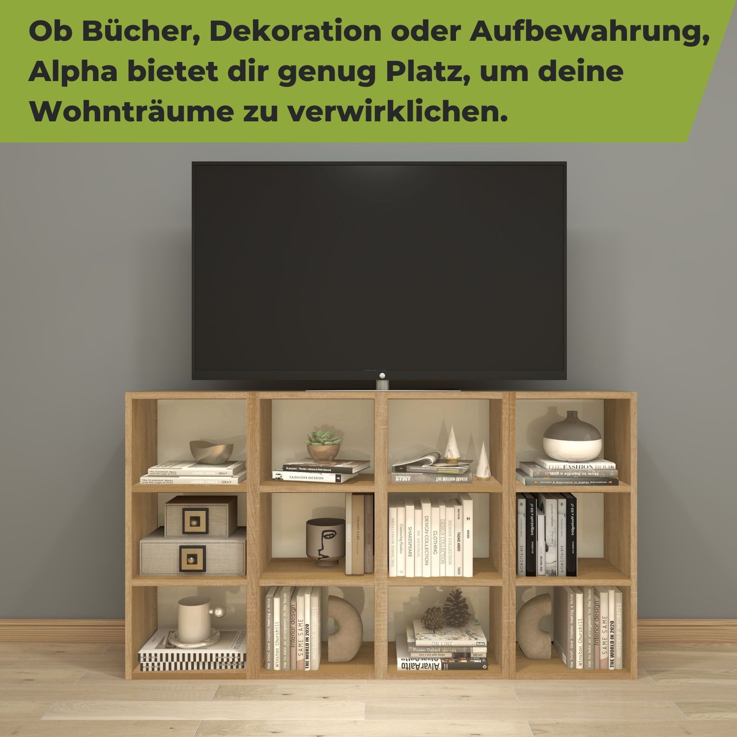 Standregal Alpha 80 in der Farbe Natur in 4er Kombi als TV-Board