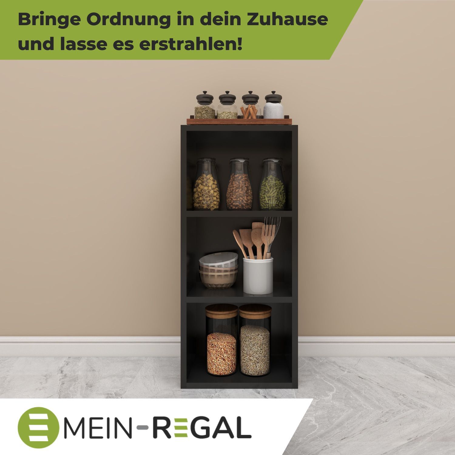 Standregal Alpha 80 in der Farbe Schwarz mit Küchenutensilien