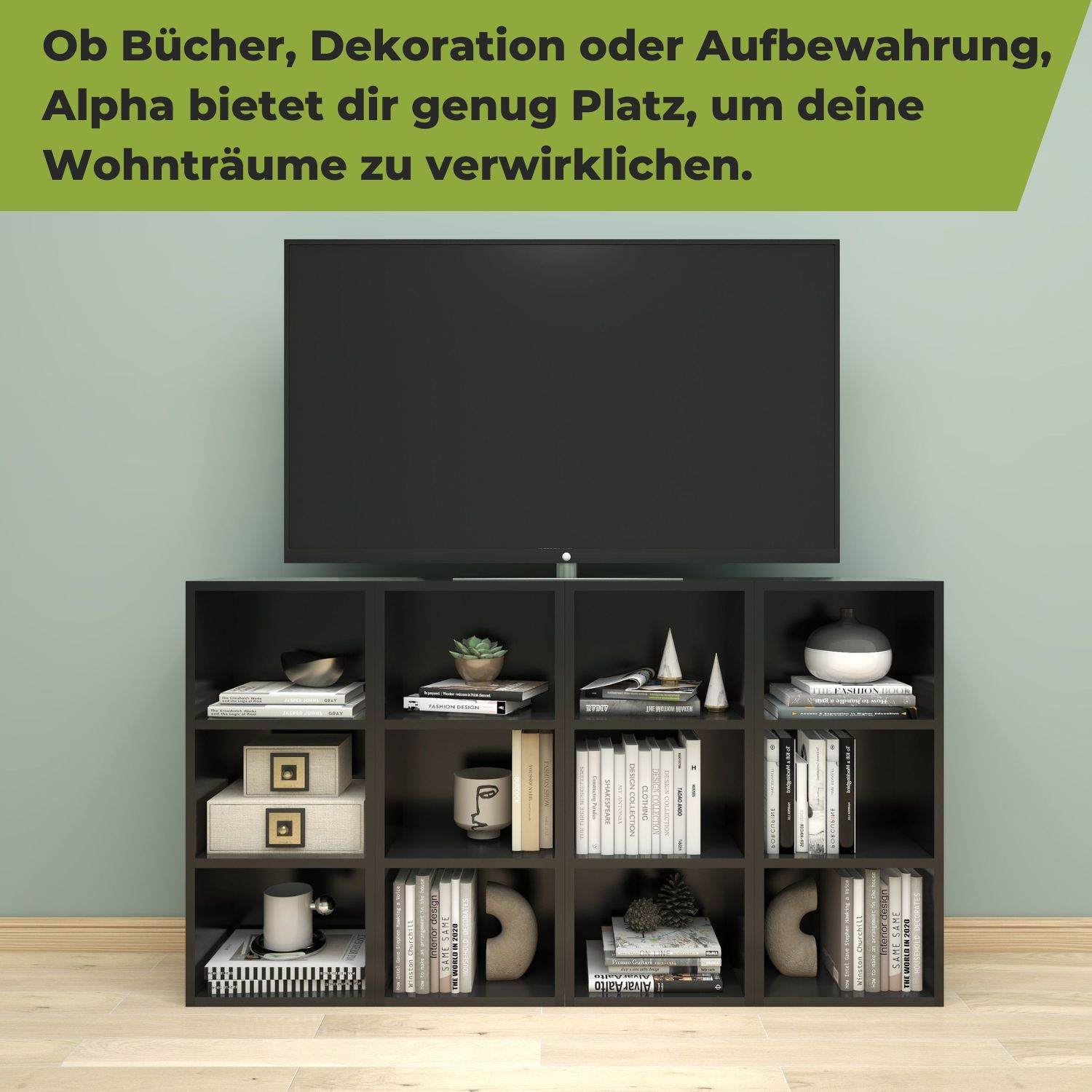 Standregal Alpha 80 in der Farbe Schwarz in 4er Kombi als TV-Board