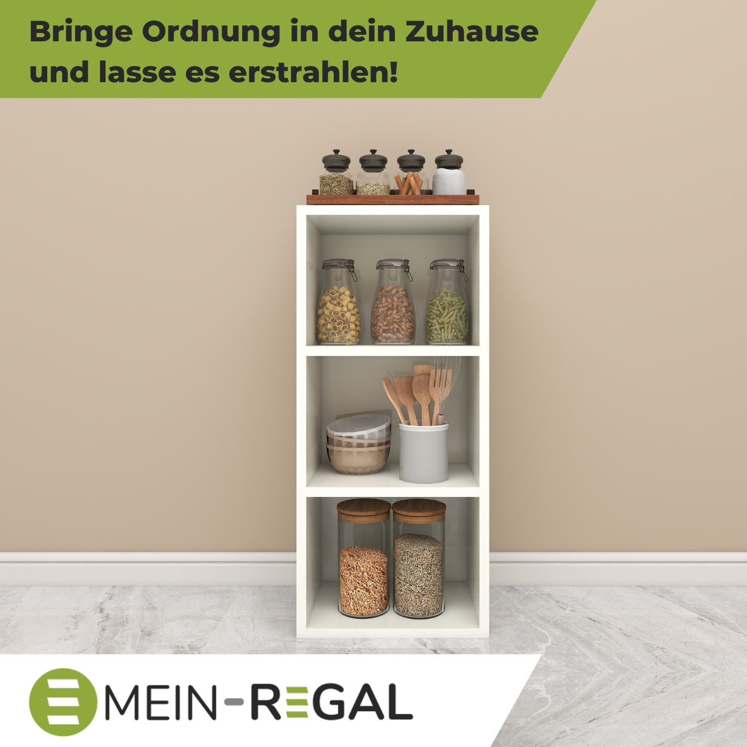 Standregal Alpha 80 in der Farbe Weiß mit Küchenutensilien