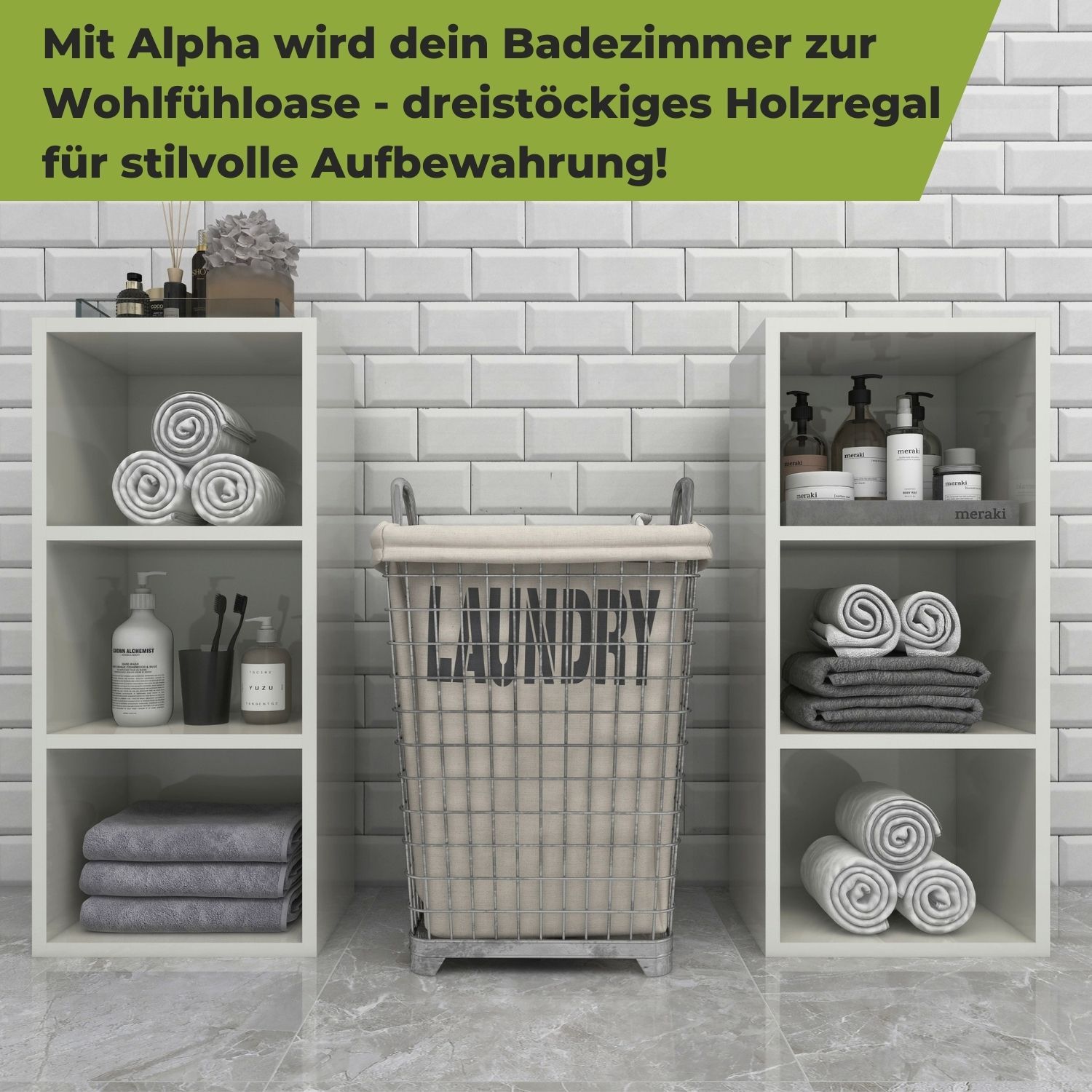 Standregal Alpha 80 in der Farbe Weiß im Badezimmer