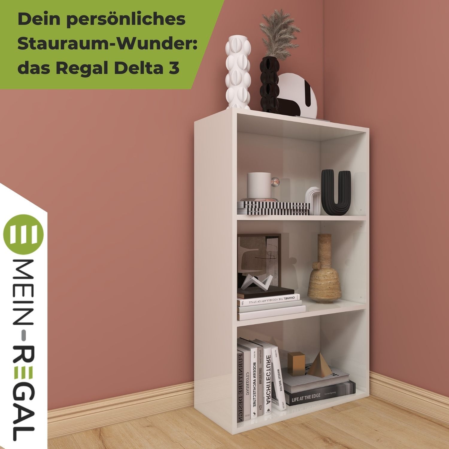 Aktenregal Delta-3 in der Farbe Weiß mit Büchern und Deko