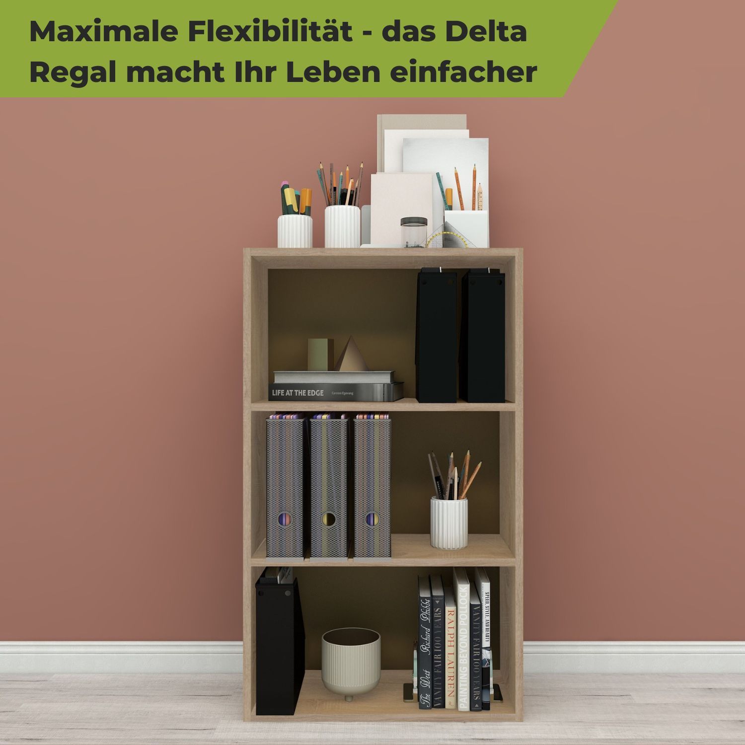 Aktenregal Delta-3 in der Farbe Natur mit Bürobedarf