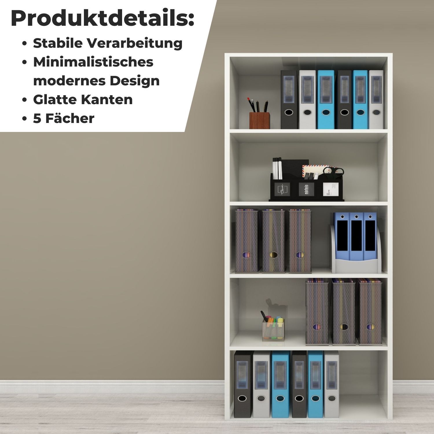 Aktenregal Delta-5 in der Farbe Weiß mit Produktdetails, mit Ordner und Büromaterialien