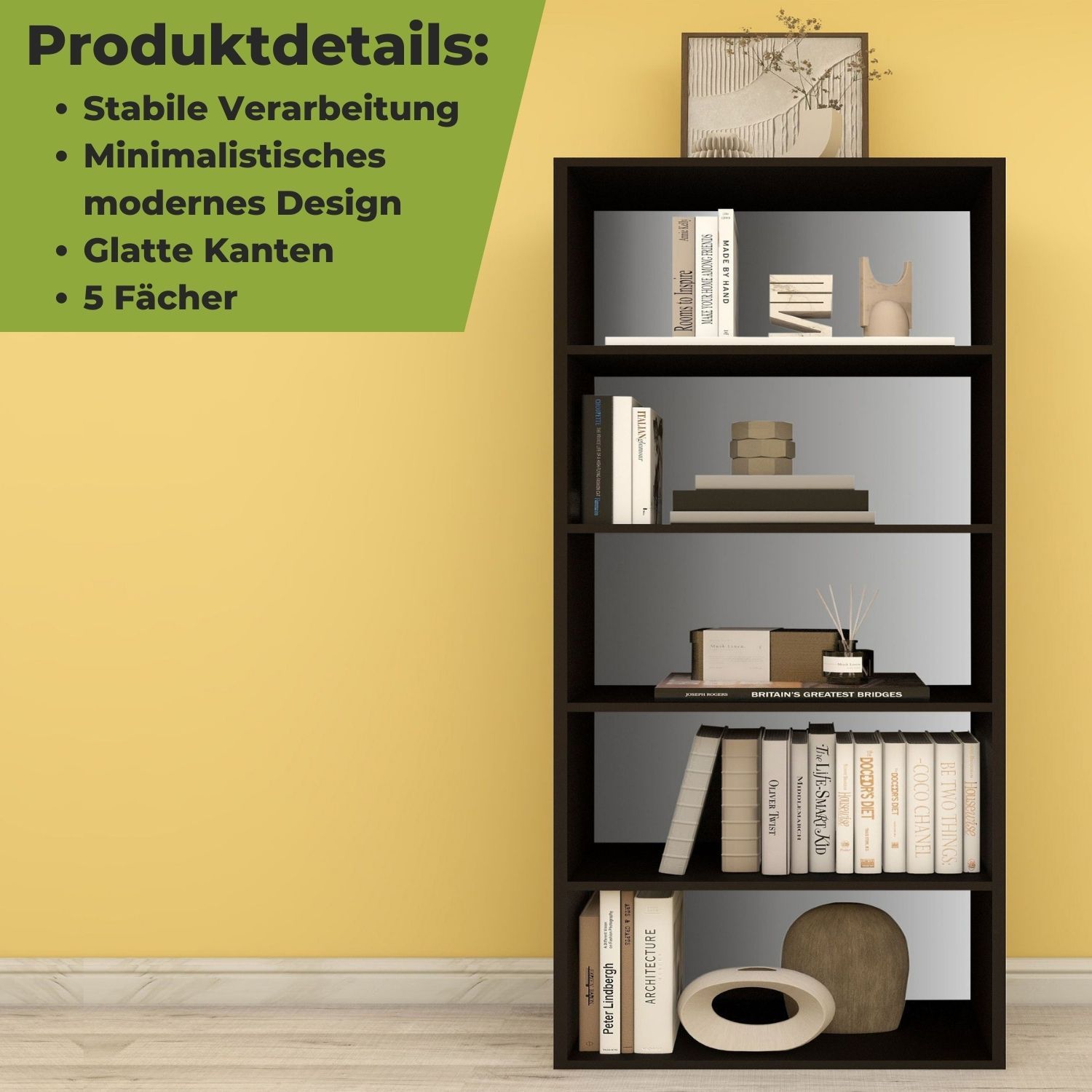 Aktenregal Delta-5 in der Farbe Schwarz mit Produktdetails mit beige-brauner Deko an einer gelben Wand