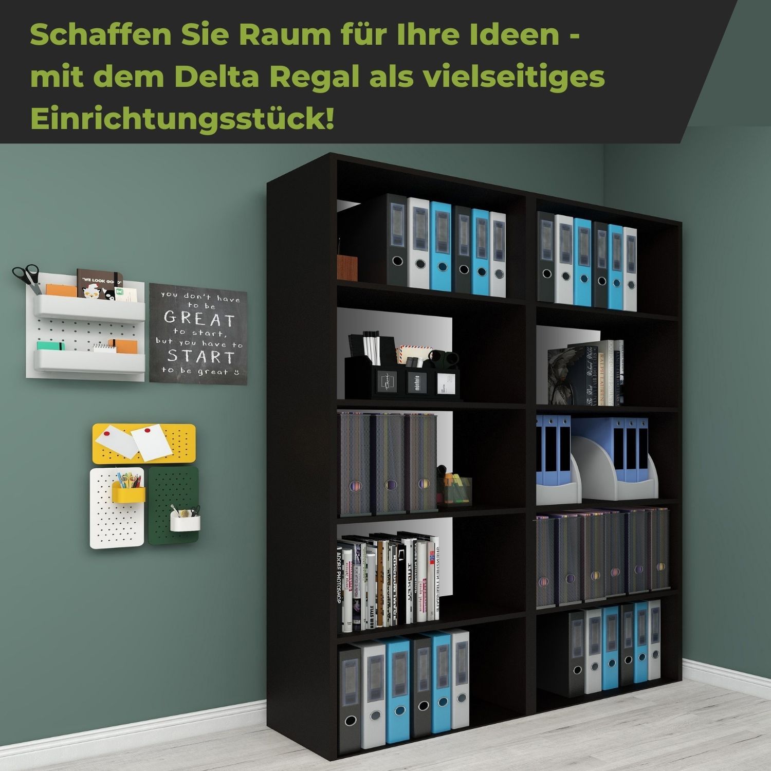 2 Aktenregale Delta-5 in der Farbe Schwarz in der Ecke platziert, gefüllt mit Ordnern, Büchern und Büromaterialien, mit Bildern an der Wand