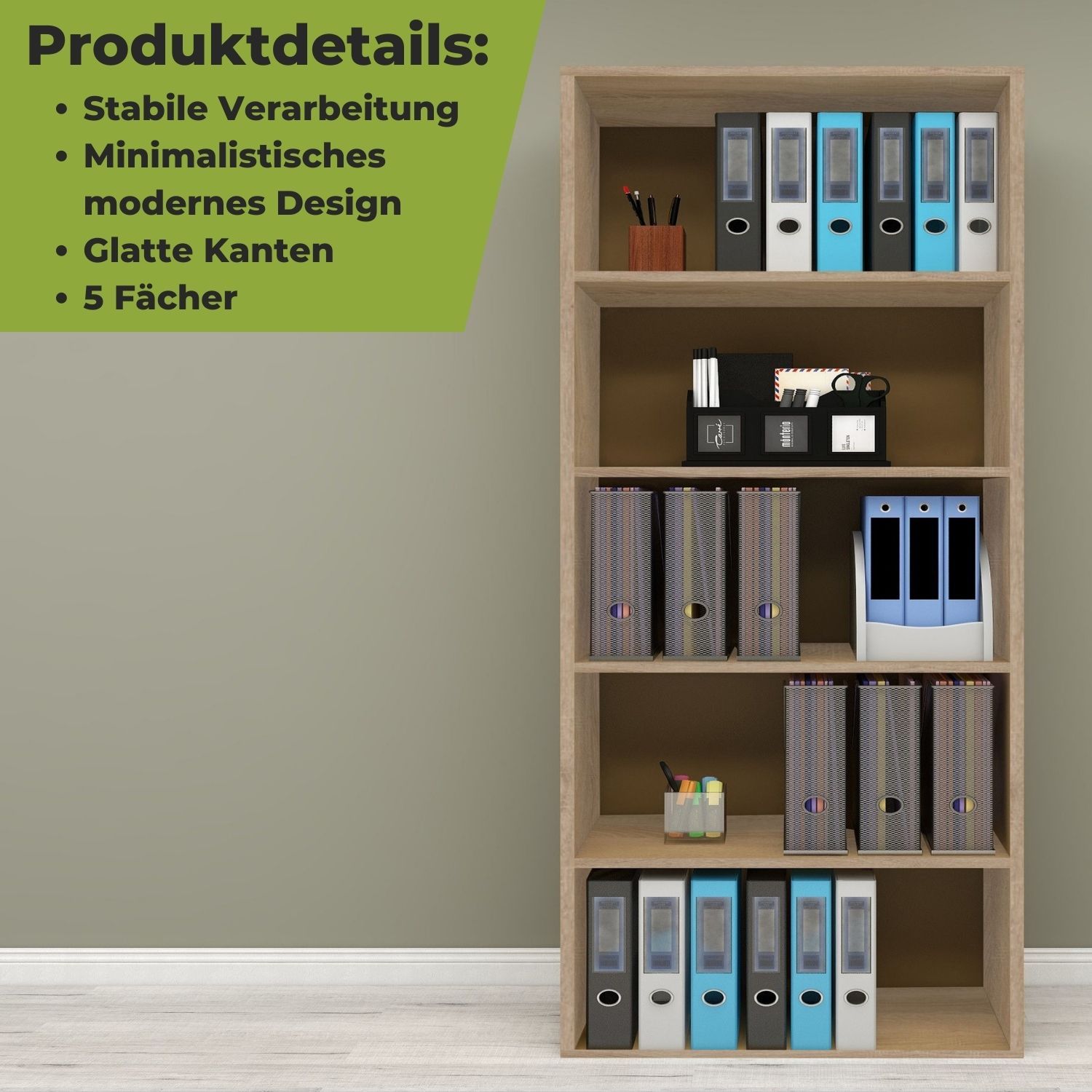 Aktenregal Delta-5 in der Farbe Natur mit Produktdetails und Ordnern in den Ablagen