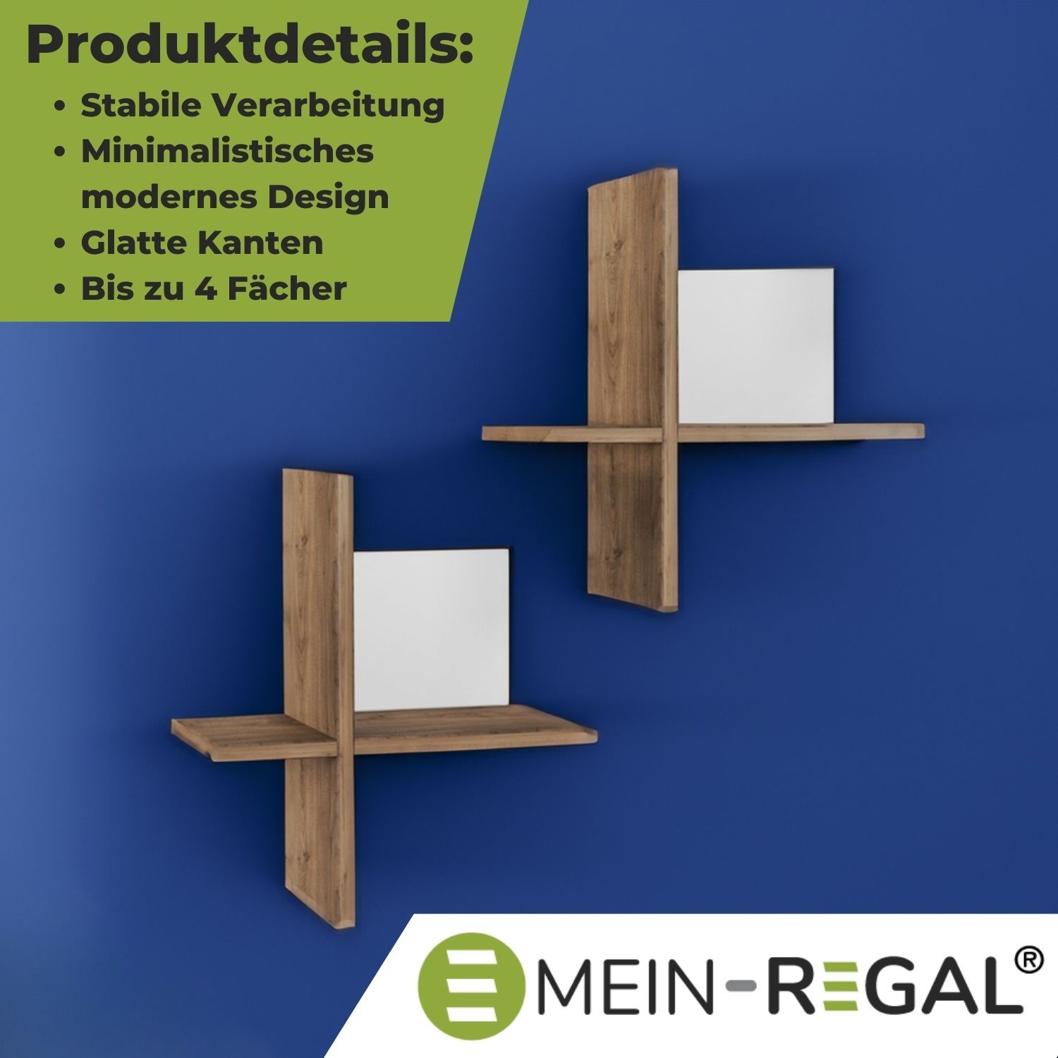 Wandregal Brick Natur/Weiß mit Produktdetails als Beschreibung. An einer blauen Wand hängend
