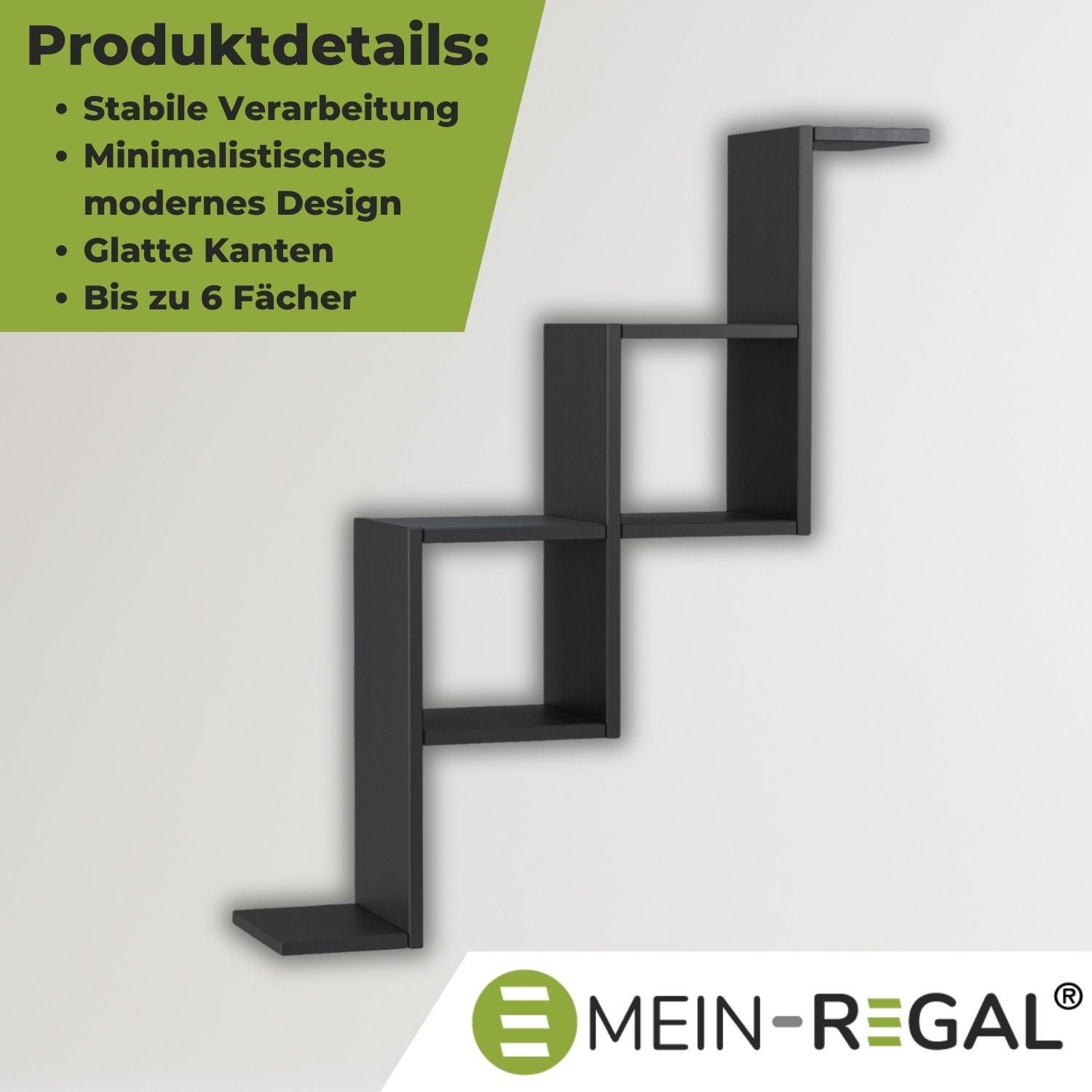 Wandregal Carotti Schwarz mit Produktdetails als Beschreibung. An einer blauen Wand hängend. Unten rechts das Logo Mein-Regal.