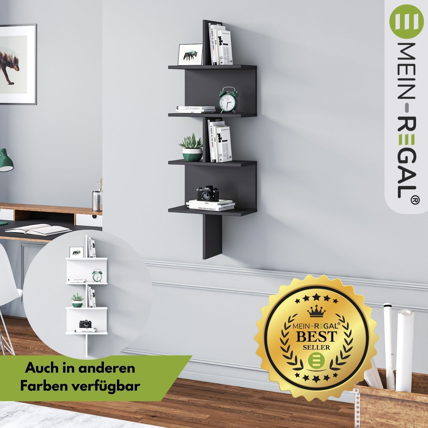 Wandregal Otto Schwarz neben einem Schreibtisch an grauer Wand hängend. Unten links ein Variantenbild von der Variante Weiß. Logo Mein-Regal, Best Seller Siegel.