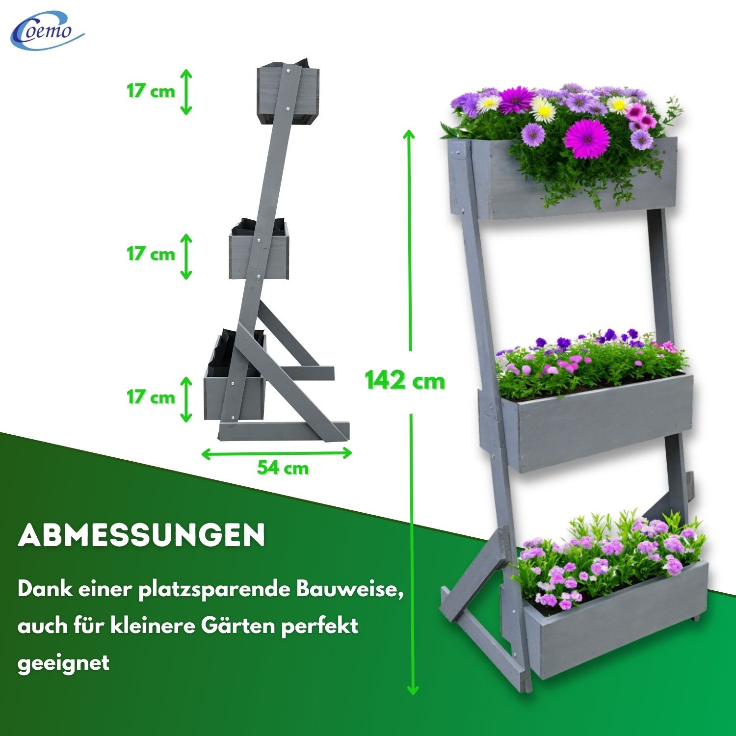 Coemo Vertikalbeet Petra aus Holz Hochbeet 3 Etagen Kästen höhenverstellbar und neigbar