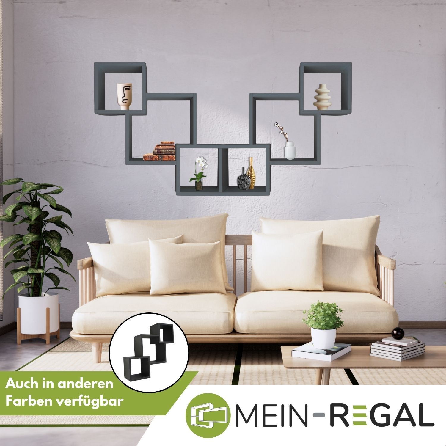 Mein-Regal Wandregal Connect aus Holz MDF, 3 Fächer vertikal versetzt