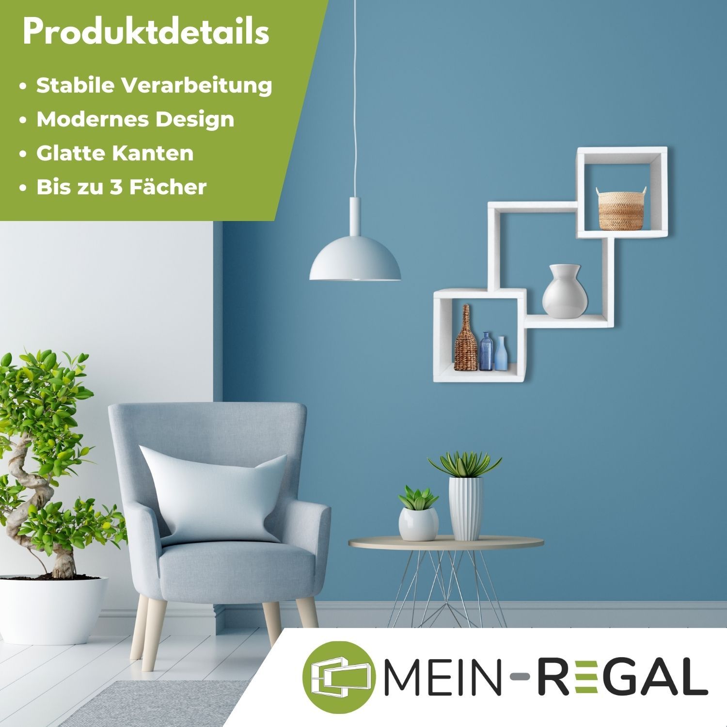 Mein-Regal Wandregal Connect aus Holz MDF, 3 Fächer vertikal versetzt