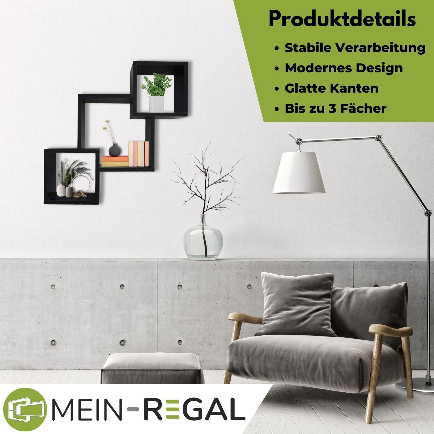 Mein-Regal Wandregal Connect aus Holz MDF, 3 Fächer vertikal versetzt