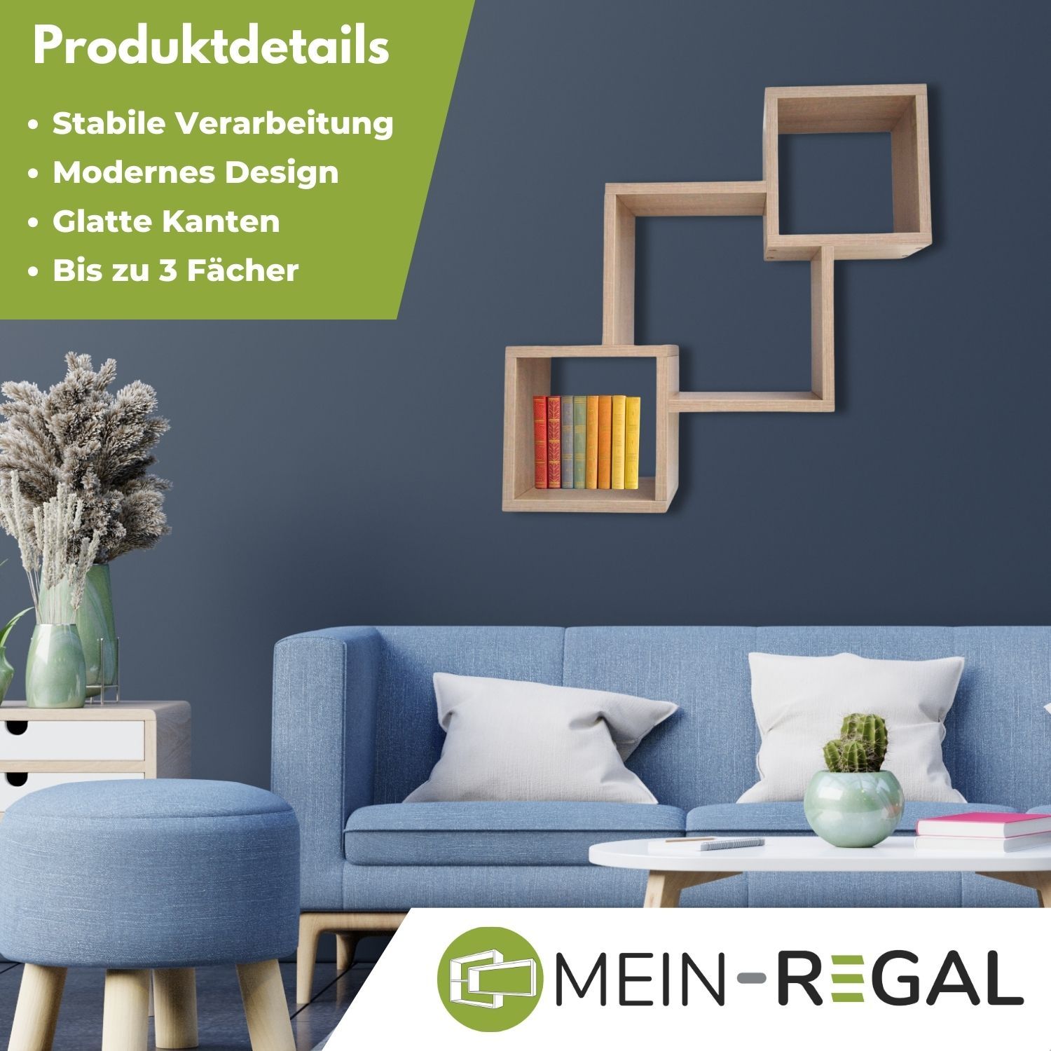 Mein-Regal Wandregal Connect aus Holz MDF, 3 Fächer vertikal versetzt