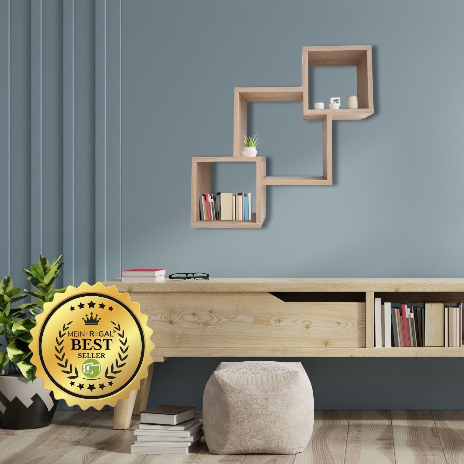 Mein-Regal Wandregal Connect aus Holz MDF, 3 Fächer vertikal versetzt