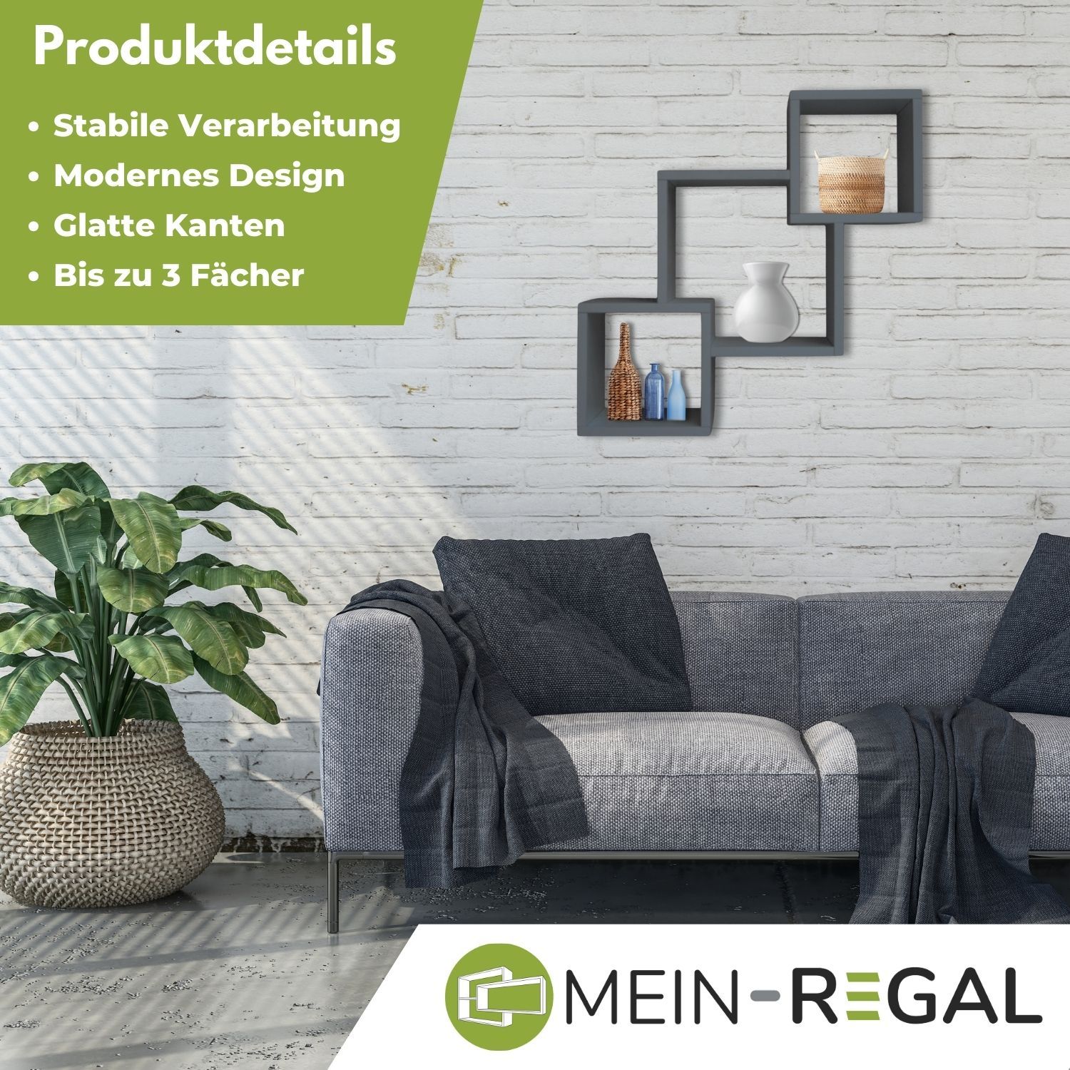 Mein-Regal Wandregal Connect aus Holz MDF, 3 Fächer vertikal versetzt